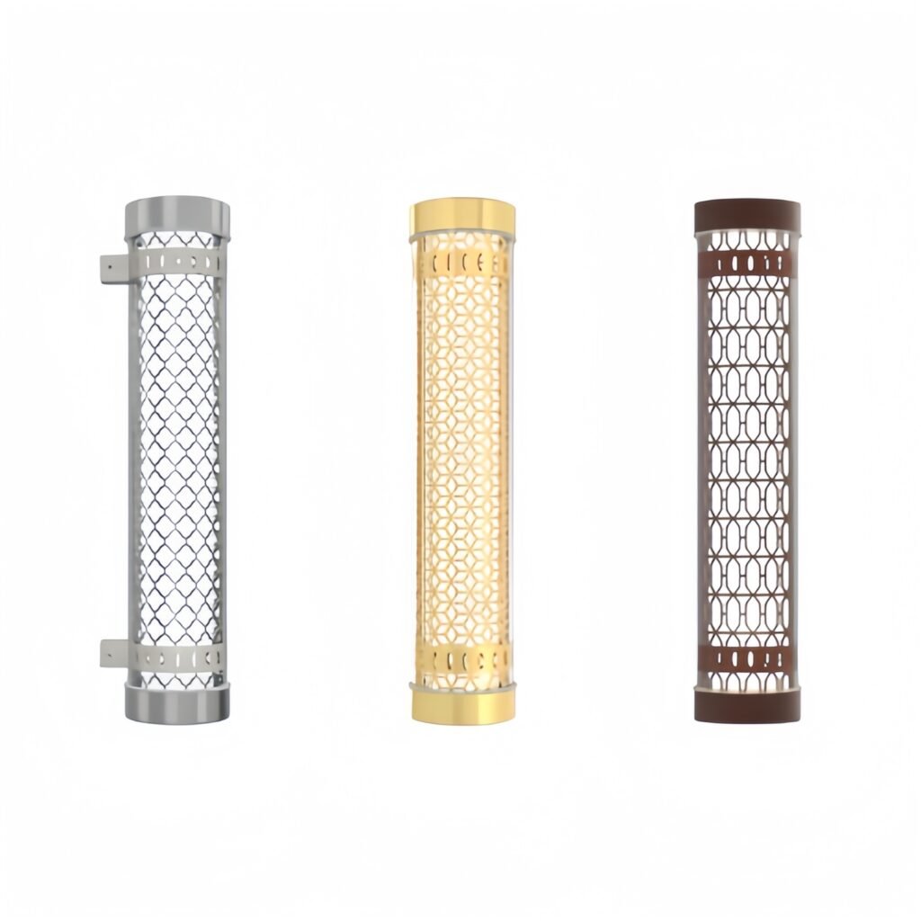 Architectural decorative tubular wall lights with geometric mesh pattern in silver, gold, and bronze finishes — modern LED sconces for commercial and residential interiors
