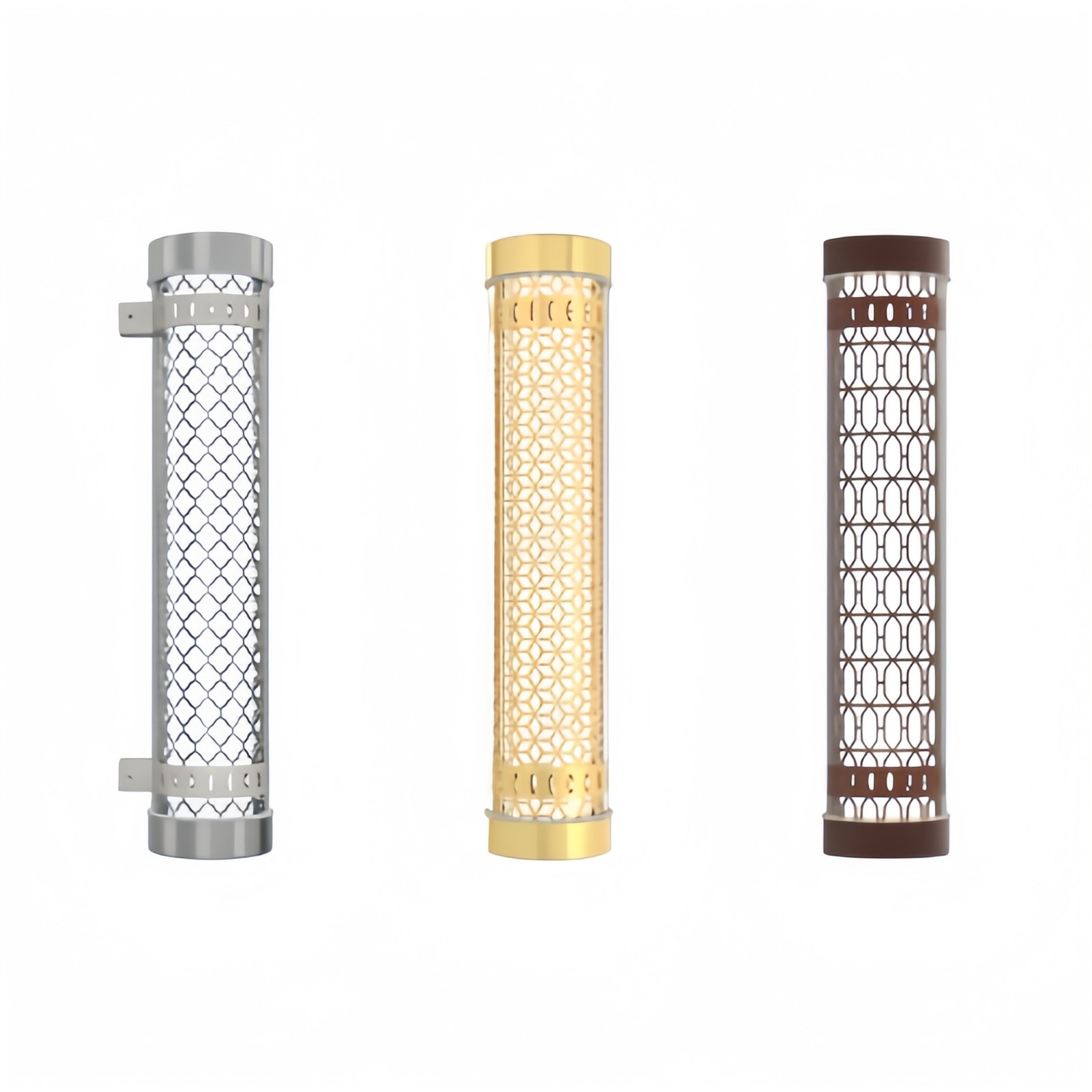 Architectural decorative tubular wall lights with geometric mesh pattern in silver, gold, and bronze finishes — modern LED sconces for commercial and residential interiors
