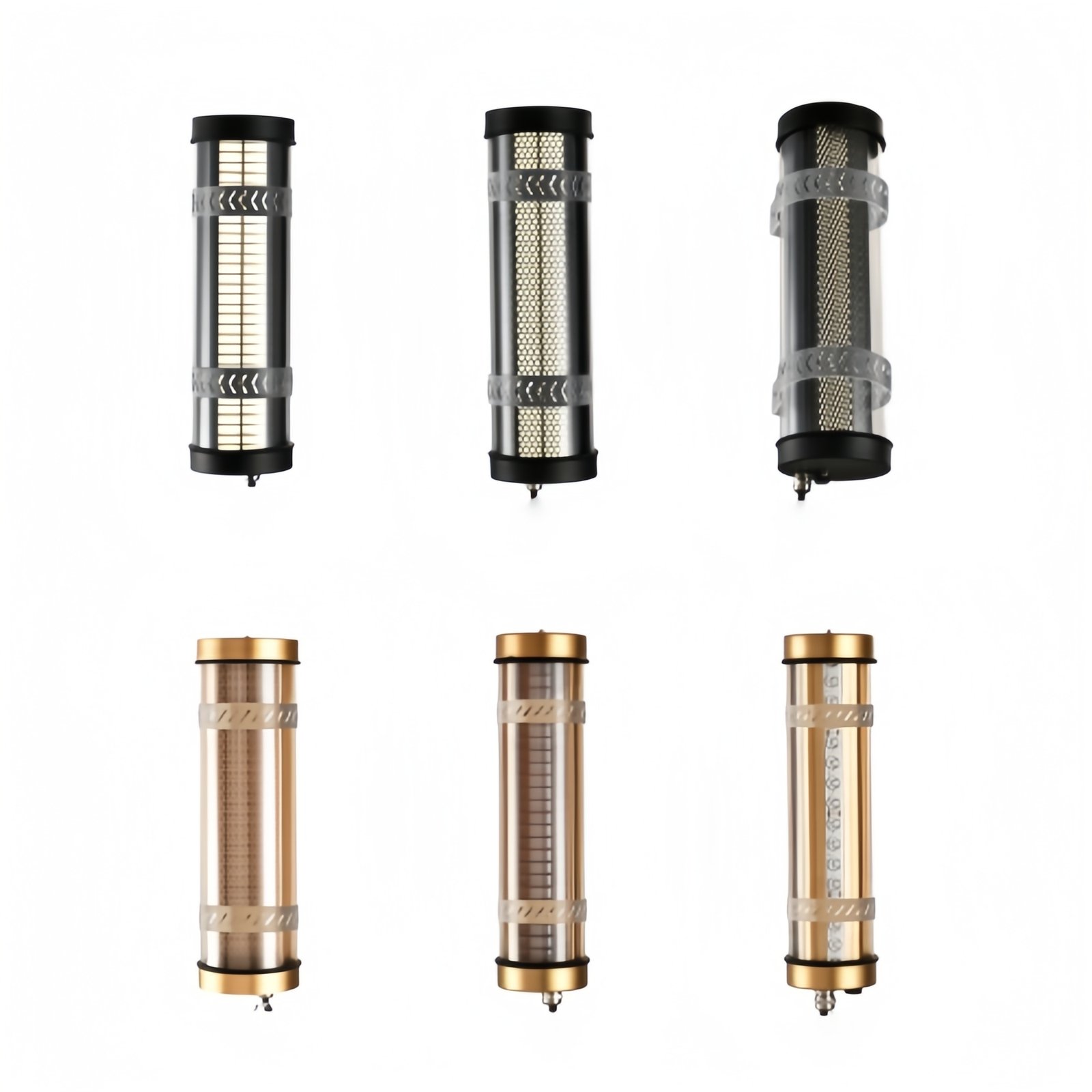 Architectural decorative tubular LED wall lights with transparent housing and internal linear, mesh, and reflector structures — black and gold finishes for commercial, hospitality, and residential interiors