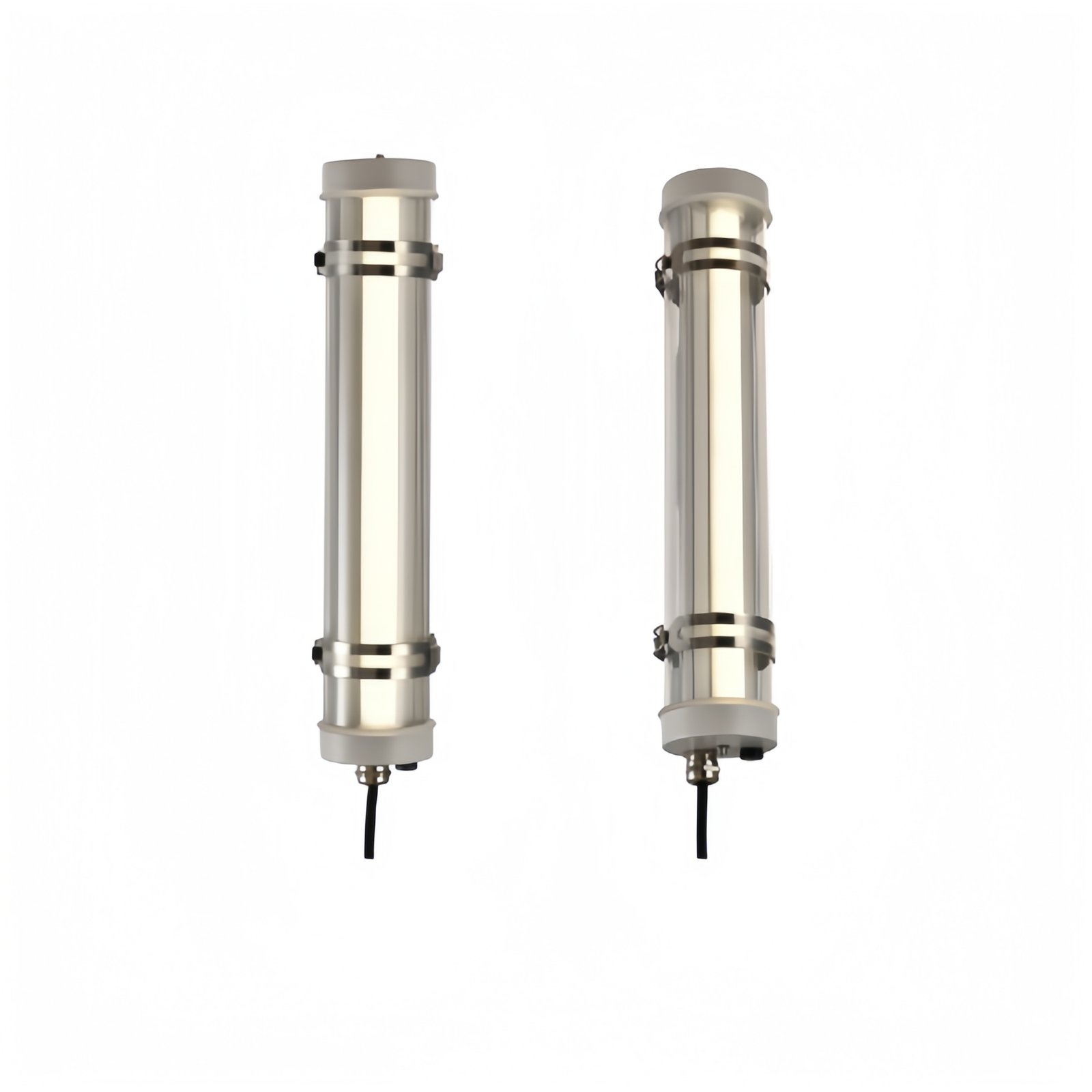 Architectural tubular LED wall lights with stainless steel end caps and transparent housing — minimalist linear sconces for commercial and residential interiors