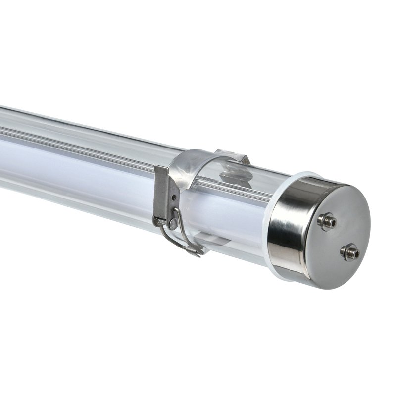Industrial tri-proof tubular LED light with transparent Bayer PC housing, IP67–IP69K waterproof, IK10 impact resistance, suitable for factories, warehouses, food processing and harsh industrial environments.