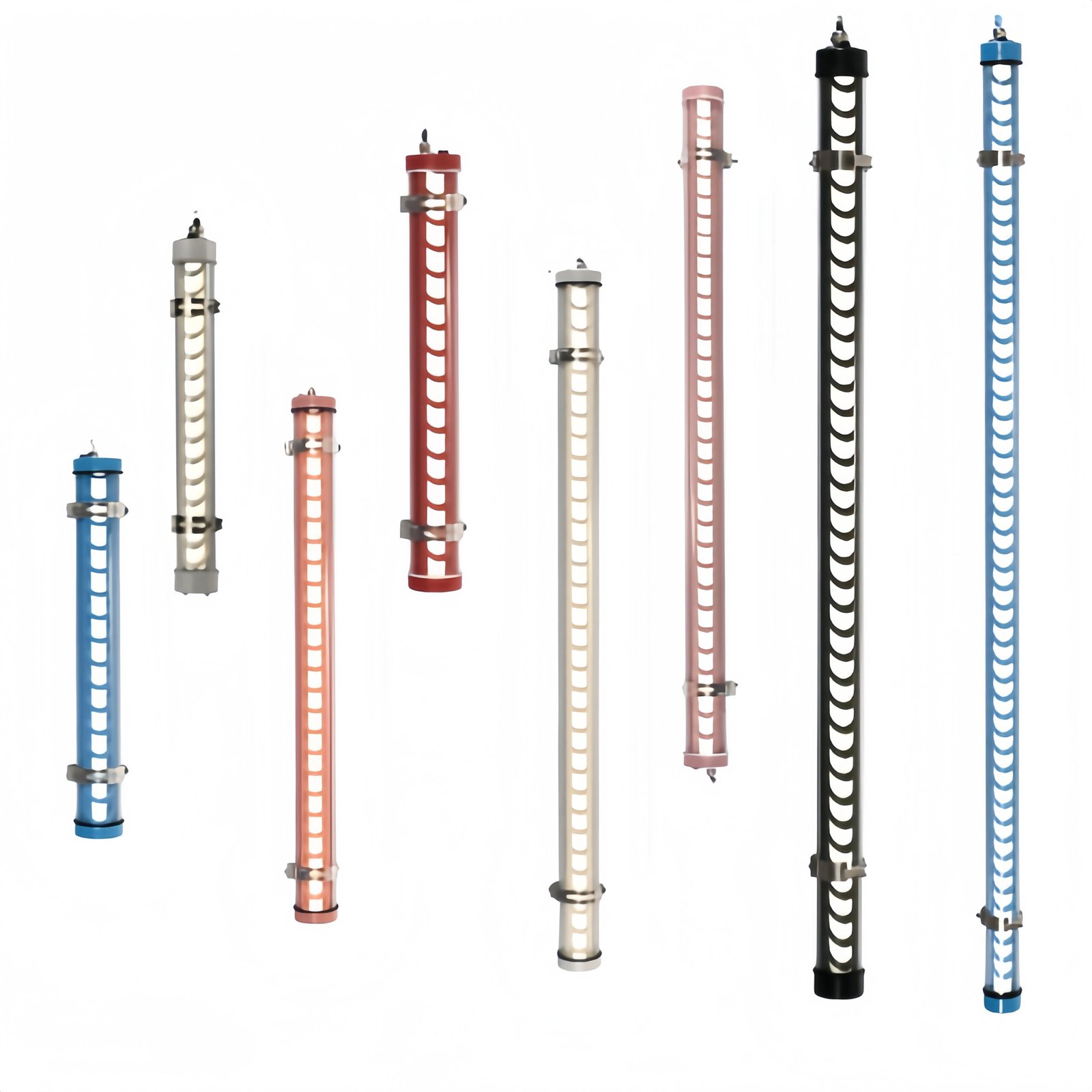 Colorful architectural tubular LED pendant lights with open-frame louver design — modern decorative linear fixtures for commercial, hospitality, and residential interiors