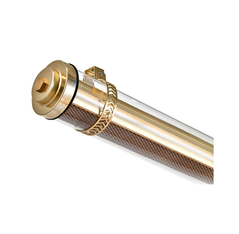 Champagne gold suspended tubular LED pendant light with transparent housing and textured honeycomb diffuser — modern architectural linear fixture for commercial and hospitality interiors indoor and outdoor IP67