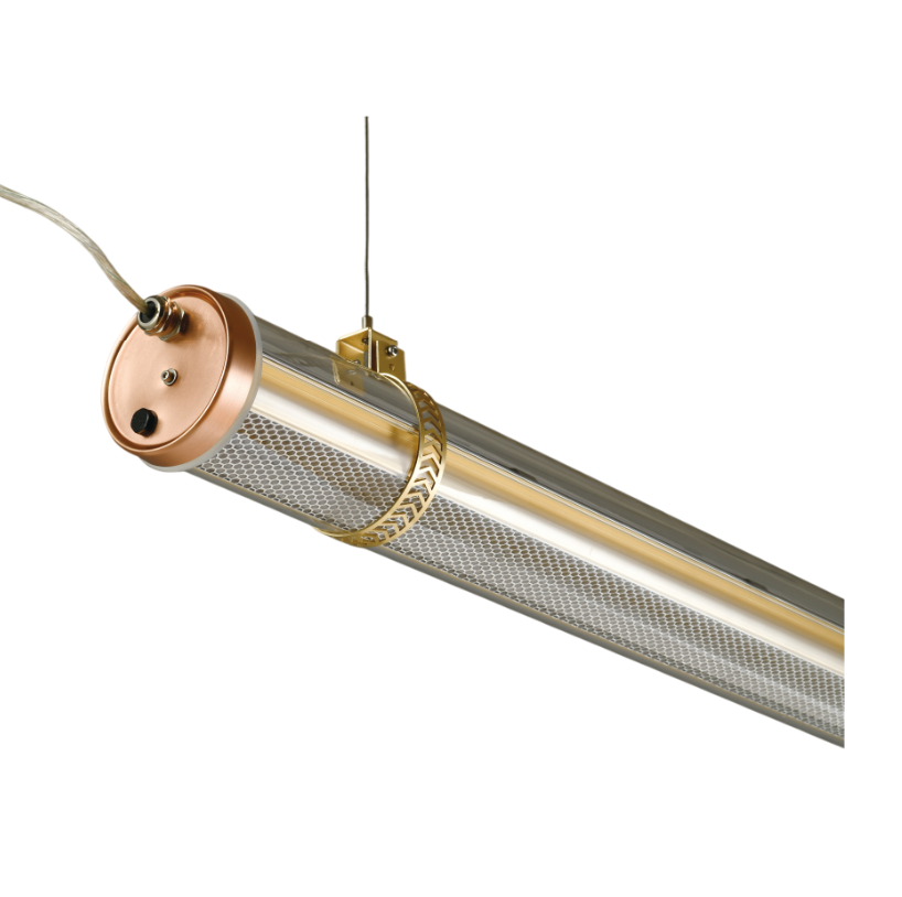 Architectural suspended tubular LED pendant light with transparent housing and copper end caps — modern decorative linear fixture for commercial and hospitality interiors indoor and outdoor IP67