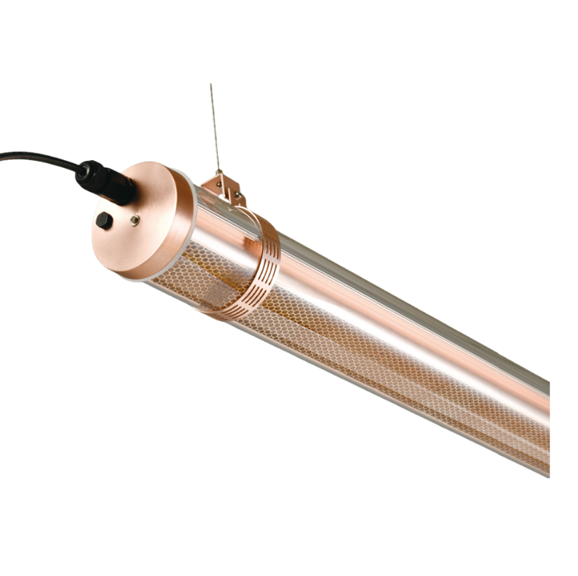 Champagne gold architectural tubular LED light with perforated metal mesh diffuser — modern decorative linear fixture for commercial, hospitality, and residential interiors indoor and outdoor IP67