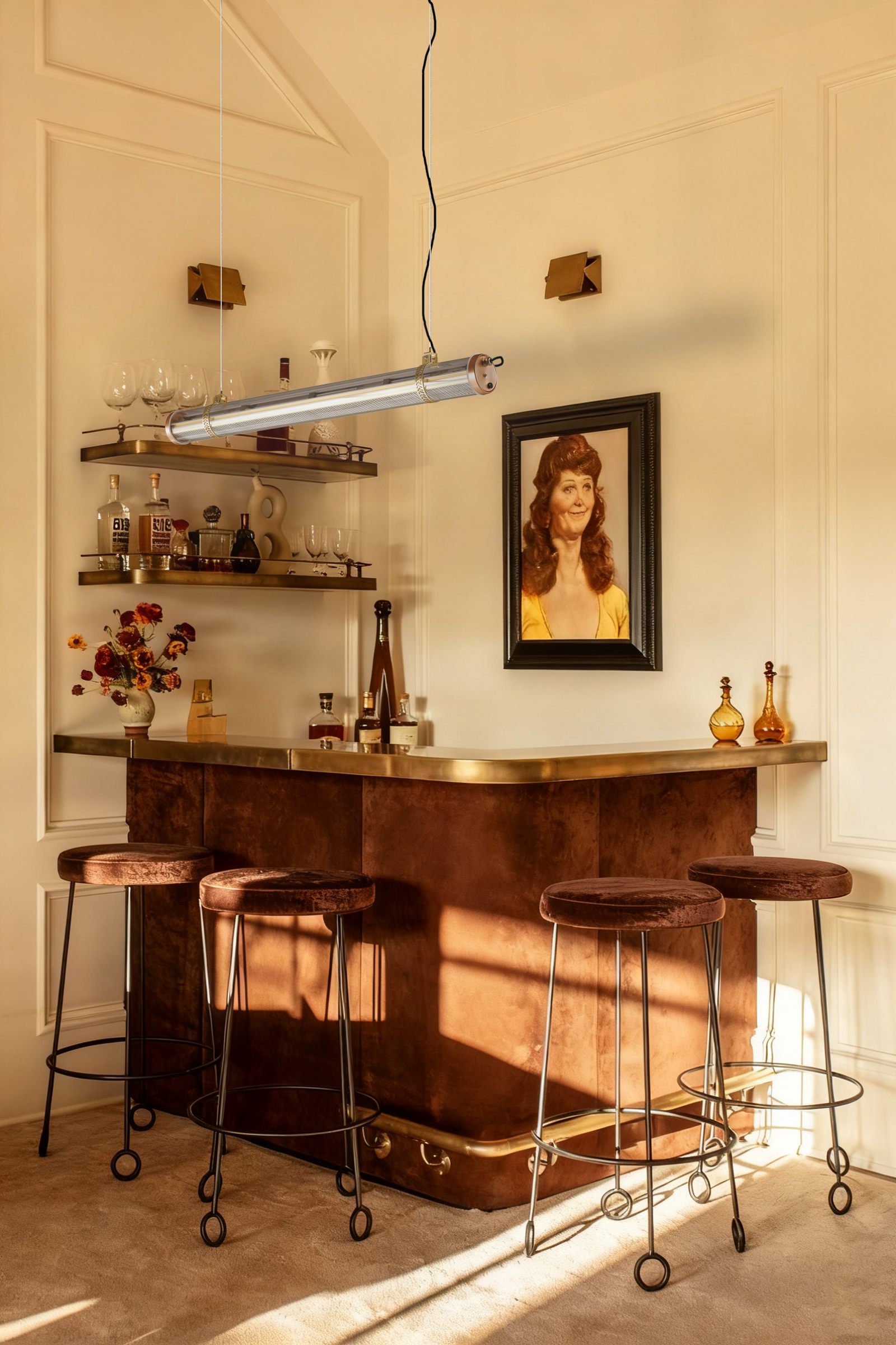 Decorative tubular LED pendant light installed above a home bar — glass and brass design LED tube lighting for luxury interior and hospitality spaces.