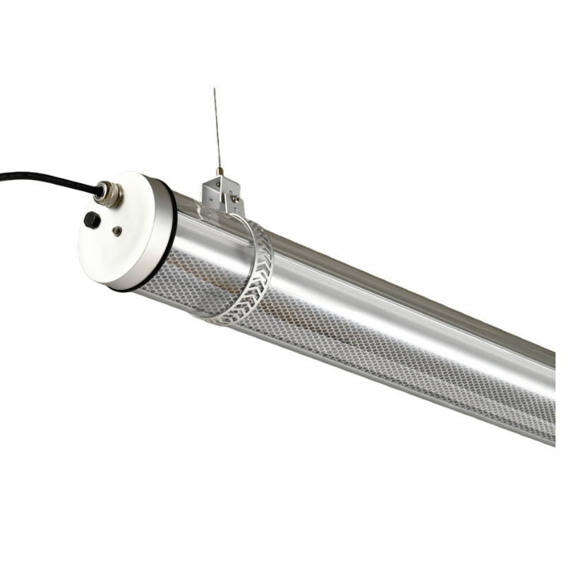 Suspended architectural tubular LED pendant light with silver end caps, transparent housing, and metal mesh diffuser — modern linear fixture for commercial and hospitality interiors indoor and outdoor