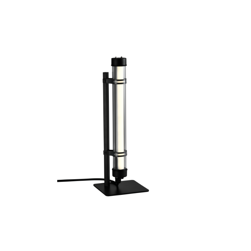 Architectural tubular LED table lamp with black metal base and transparent housing — modern standing desk light for residential, hospitality, and workspace