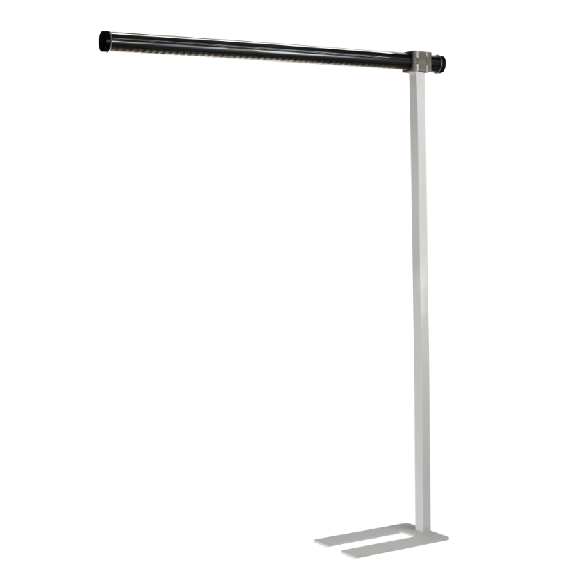 Minimalist architectural tubular LED floor lamp with black linear light bar and silver metal base — modern task and ambient lighting for office, residential, and hospitality