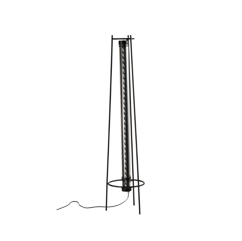 Black architectural tubular LED floor lamp with transparent housing and spiral internal structure — modern tripod-frame decorative lighting for residential, hospitality, and commercial