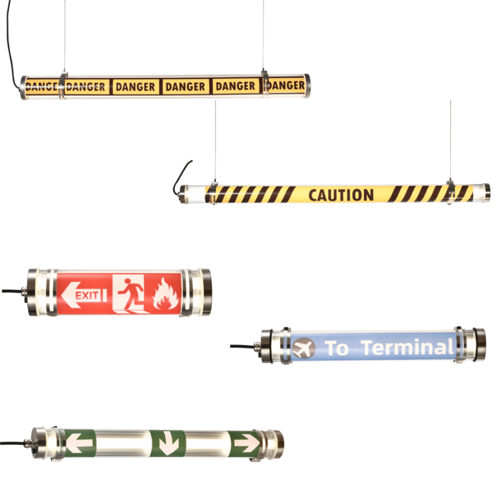 Custom UV-printed tubular LED light with safety, warning, and wayfinding graphics — MANI Lighting