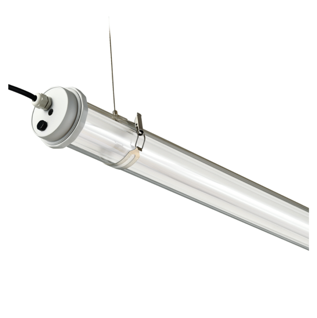 Ø70mm suspended commercial tubular LED light with white end cap and stainless mounting clips