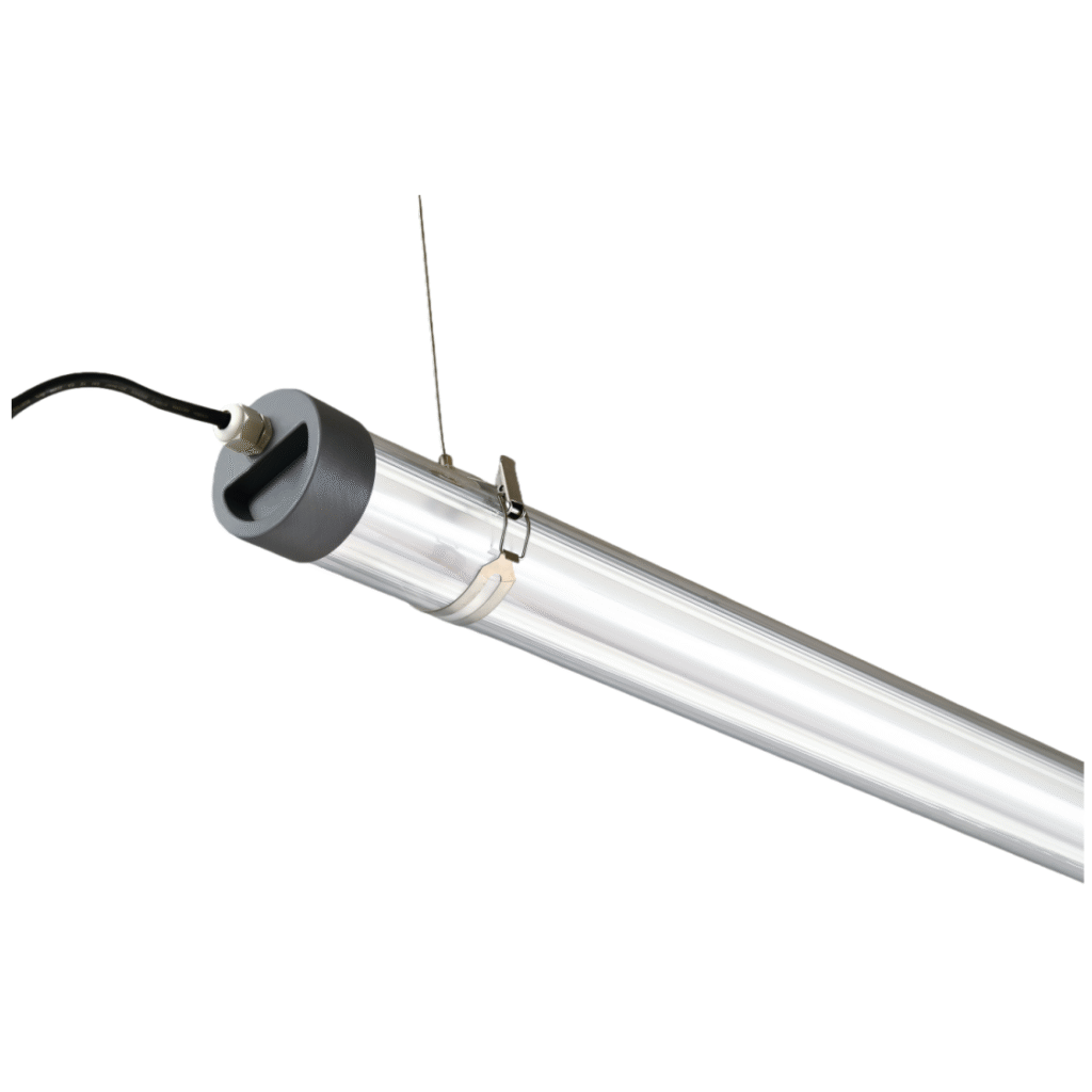 Ø70mm suspended commercial tubular LED light with gray industrial end cap and clear PC housing