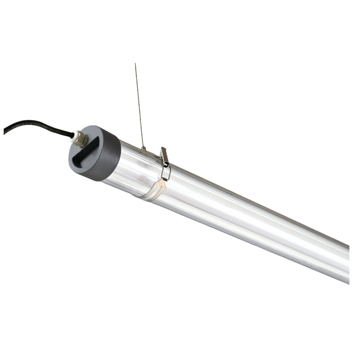 Ø70mm suspended commercial tubular LED light with gray industrial end cap and clear PC housing