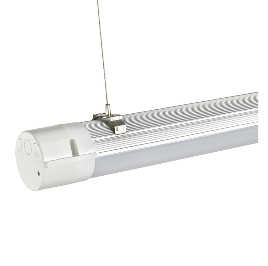 Ø70 tubular LED light with integrated aluminum suspension rail for direct cable hanging — MANI Lighting