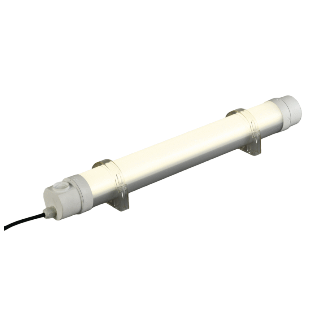 Ø70mm surface-mounted tubular LED light with opal diffuser and white end caps