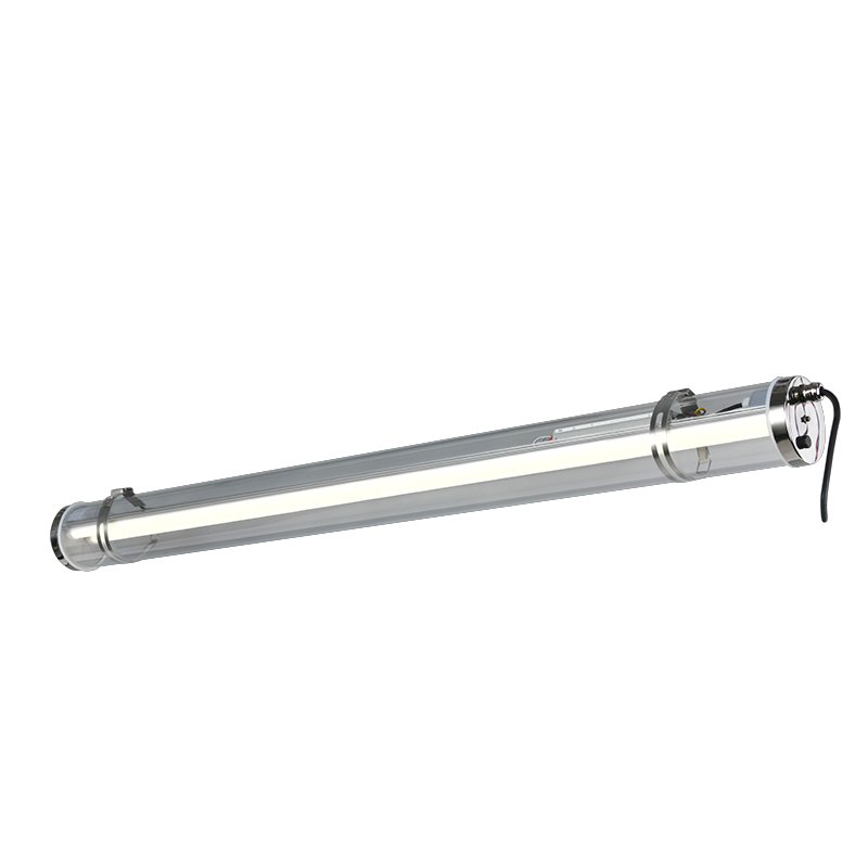 Industrial tri-proof tubular LED light with transparent Bayer PC housing, IP67–IP69K waterproof, IK10 impact resistance, suitable for factories, warehouses, food processing and harsh industrial environments.