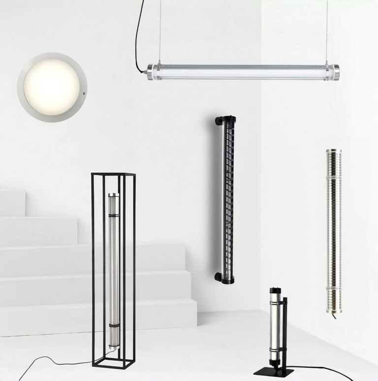 Architectural tubular LED lights and ceiling-mounted fixture in modern commercial space, featuring suspended, wall-mounted, and floor-standing tube lighting designs