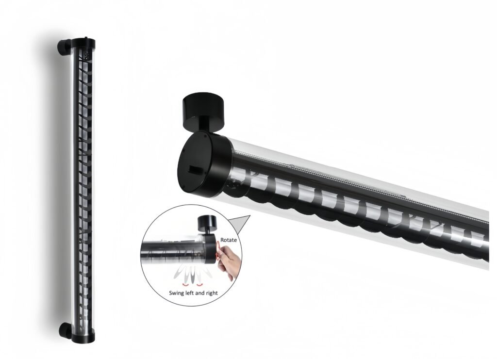 Adjustable wall-mounted tubular LED light with rotating bracket and black metal louver design — IP65 waterproof architectural tube fixture for indoor and outdoor lighting applications.