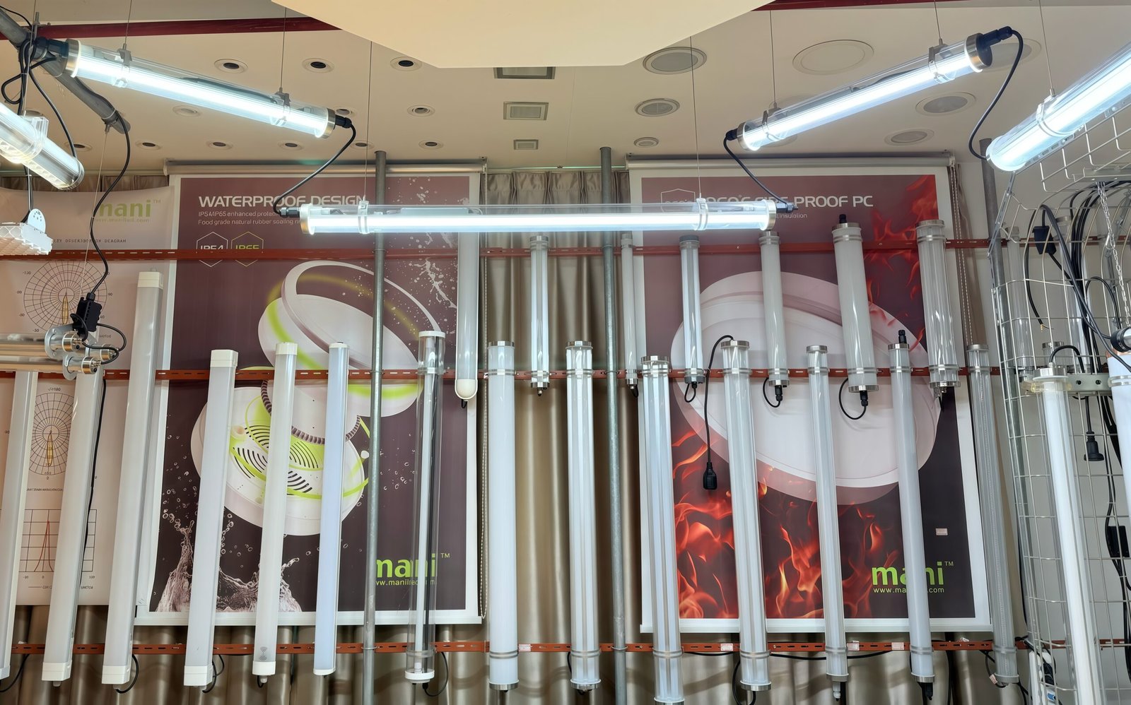 Commercial tri-proof LED tubular lights display with waterproof IP65/IP67 designs, impact-resistant PC tubes, and industrial lighting fixtures for workshops and warehouses