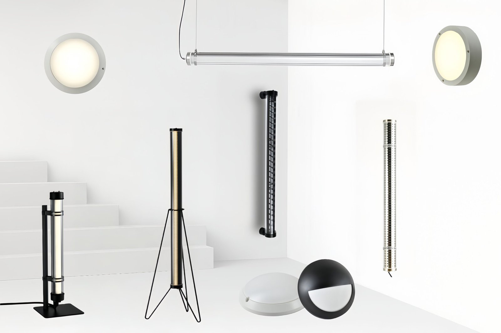 Industrial triproof tubular lights and modern LED wall lamps in a interior setting, commercial lighting fixtures including suspension tubular light, wall-mounted tube lamp, floor-standing tubular lamp, and round bulkhead LED ceiling lights for architectural commercial and industrial applications