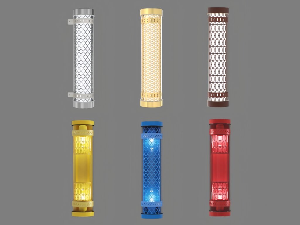 Decorative tubular wall lights in multiple colors and patterns – architectural LED tube lights with lattice diffuser, available in silver, gold, brown, blue, red and warm white options, ideal for hotels, restaurants, galleries, and luxury interiors.