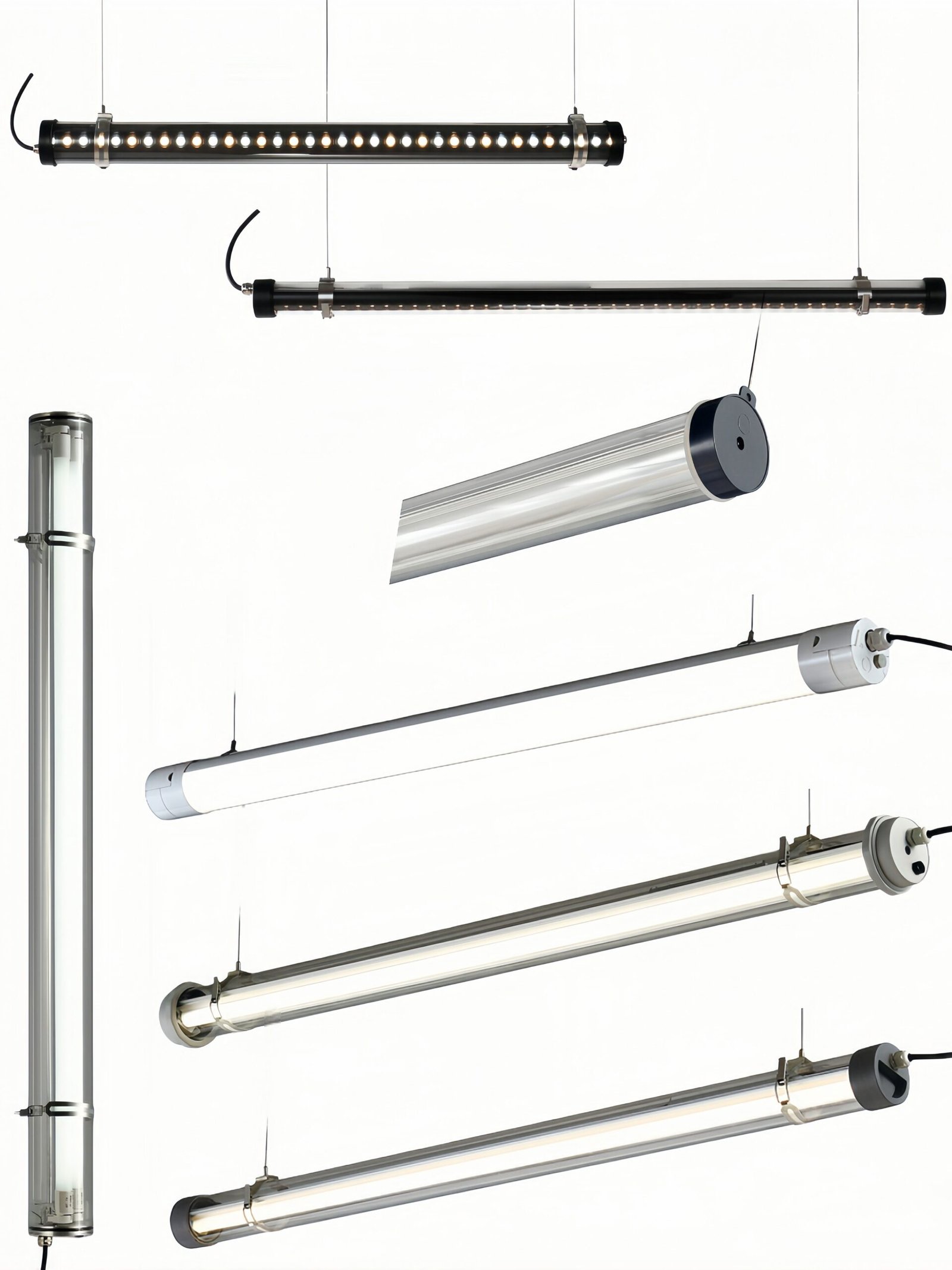 Commercial tubular LED lighting collection featuring durable stainless steel end caps and clear PC tubes for industrial, retail, and architectural environments.