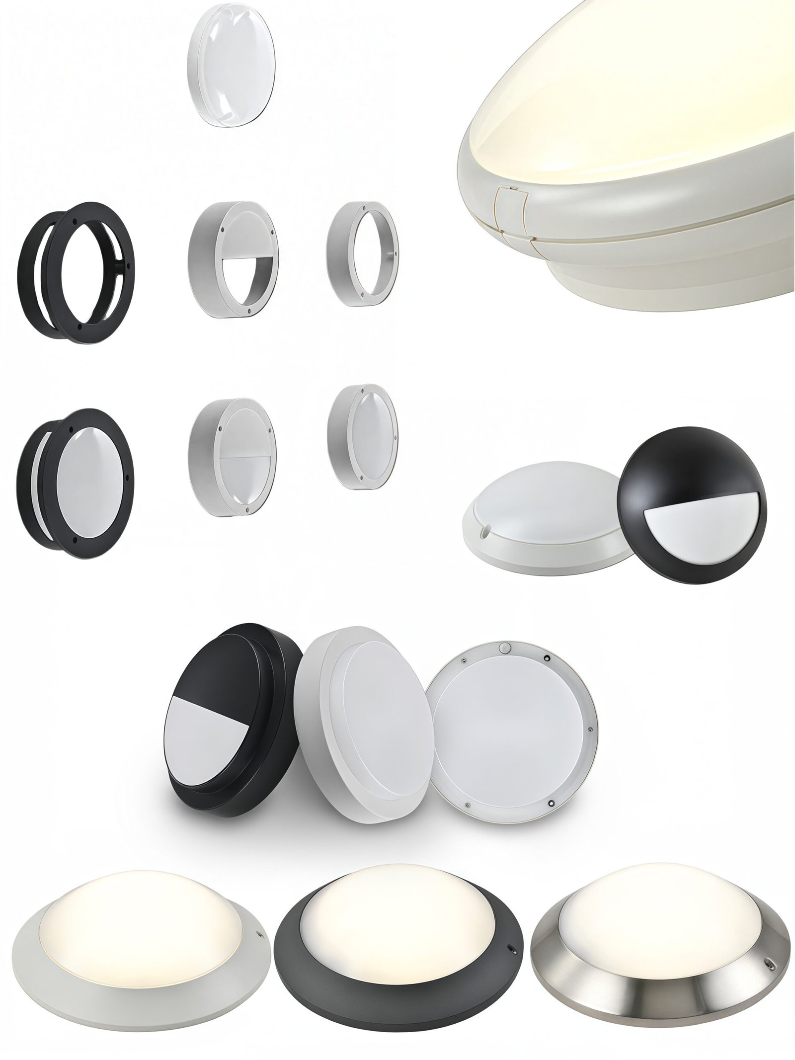 Round bulkhead LED ceiling lights in black, white, and stainless-steel finishes, waterproof ceiling and wall-mounted fixtures for indoor and outdoor lighting applications.