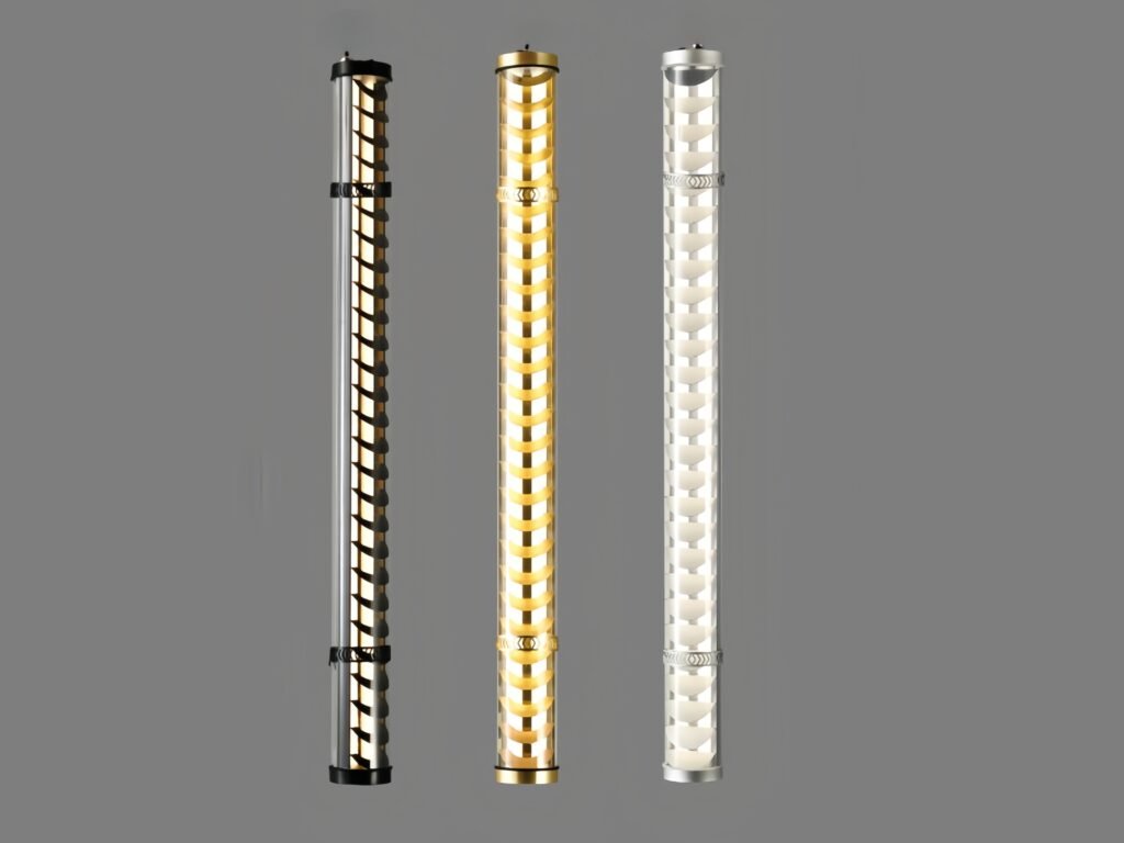 Decorative tubular LED lights with metal louver design in black, gold, and silver finishes — modern architectural tube lamps for wall and ceiling lighting applications.