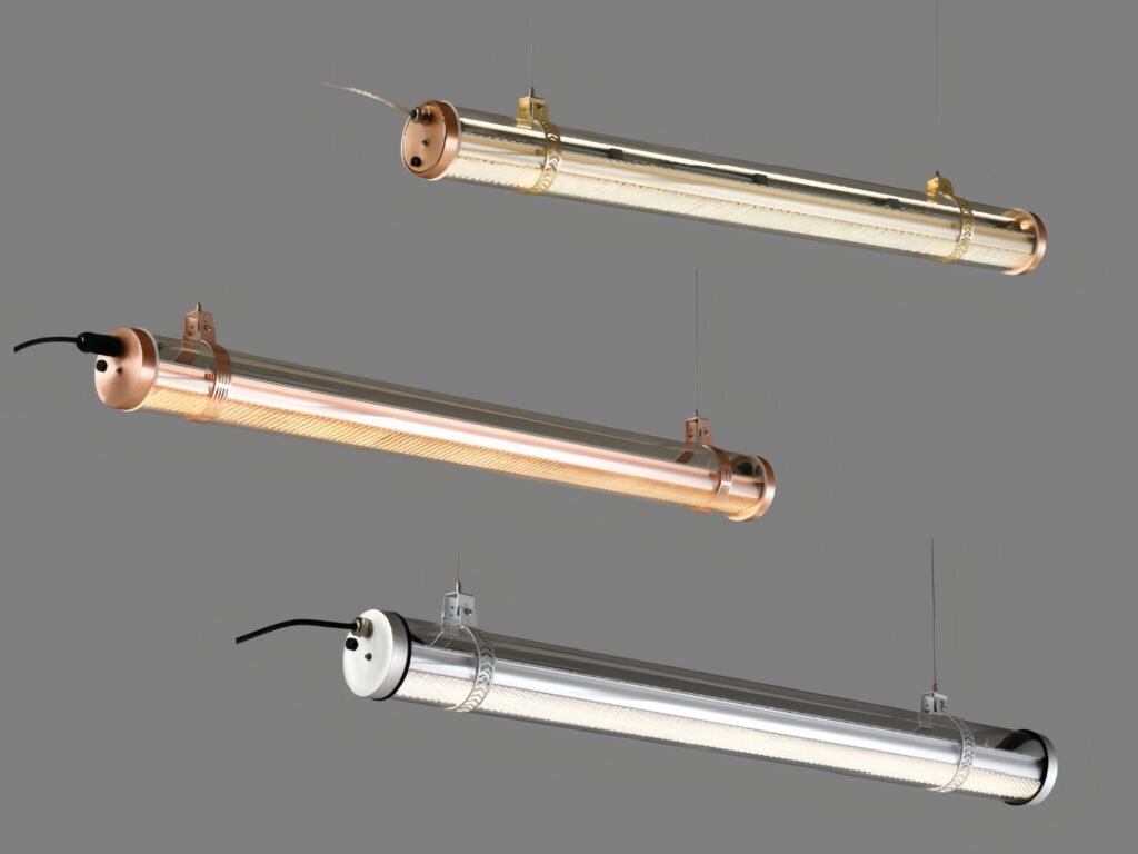 Architectural tubular LED pendant light with gold, silver end caps and honeycomb mesh diffuser — modern industrial hanging tube lamp for interior architectural lighting applications.