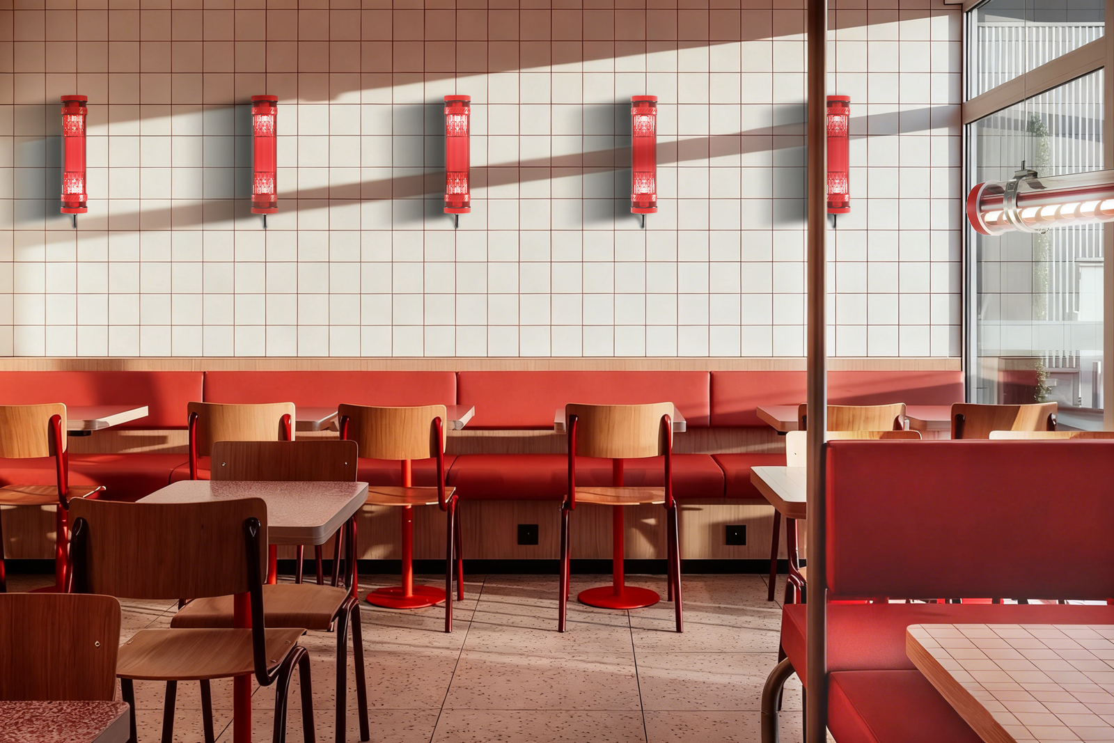 Restaurant interior with wall-mounted red architectural tubular LED lights providing decorative ambient lighting