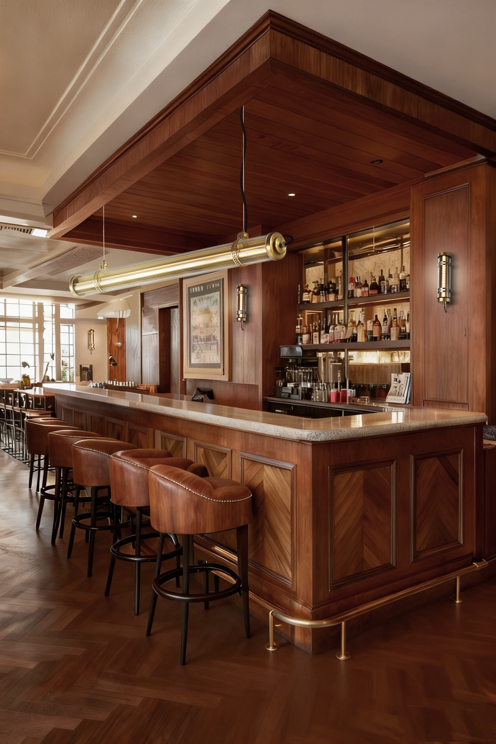 Arno Architectural Tubular Luminaire Arno architectural tubular wall lights in a bar setting, providing directional illumination and ambient guidance