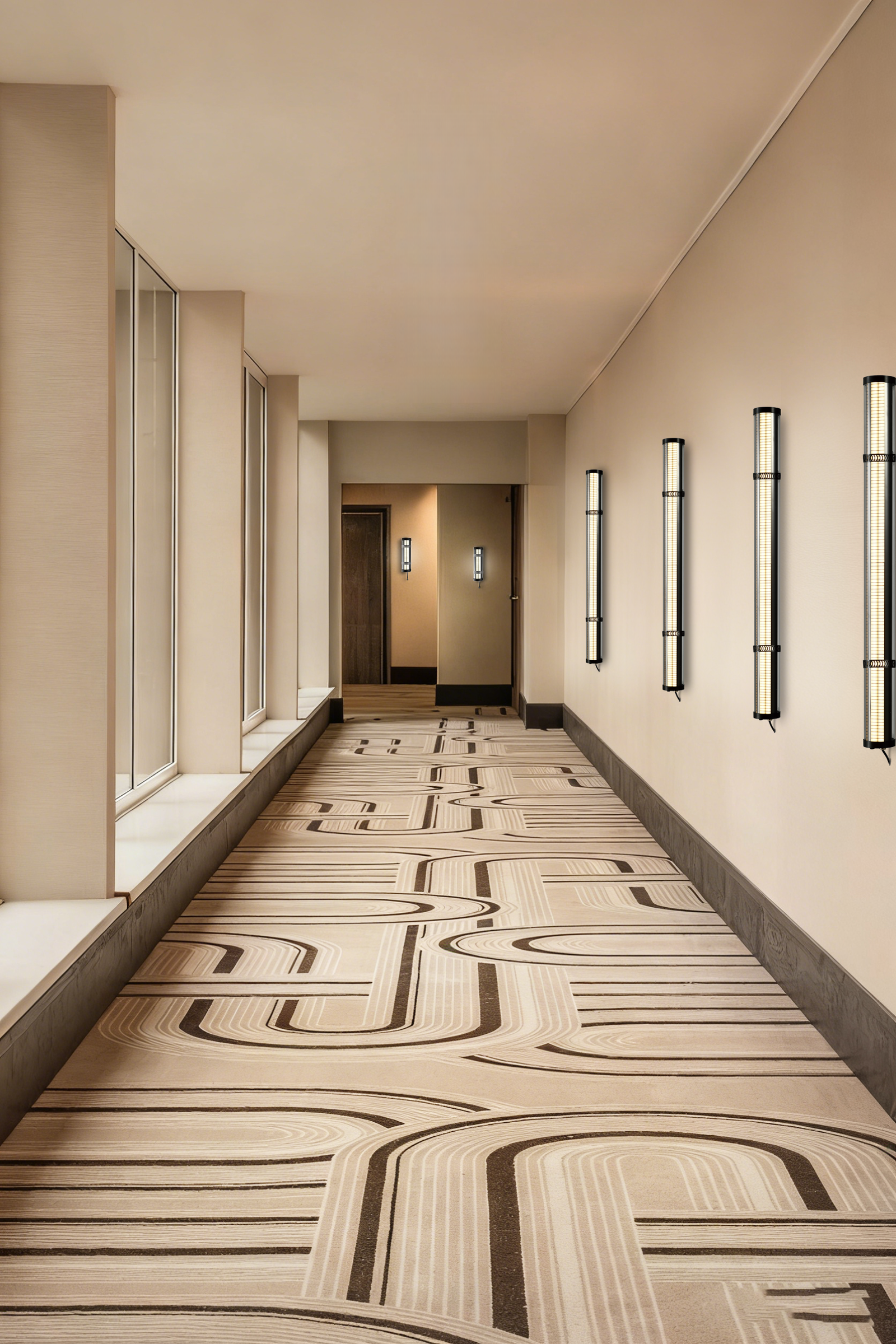 Architectural tubular wall-mounted LED fixtures for hotel corridor lighting project