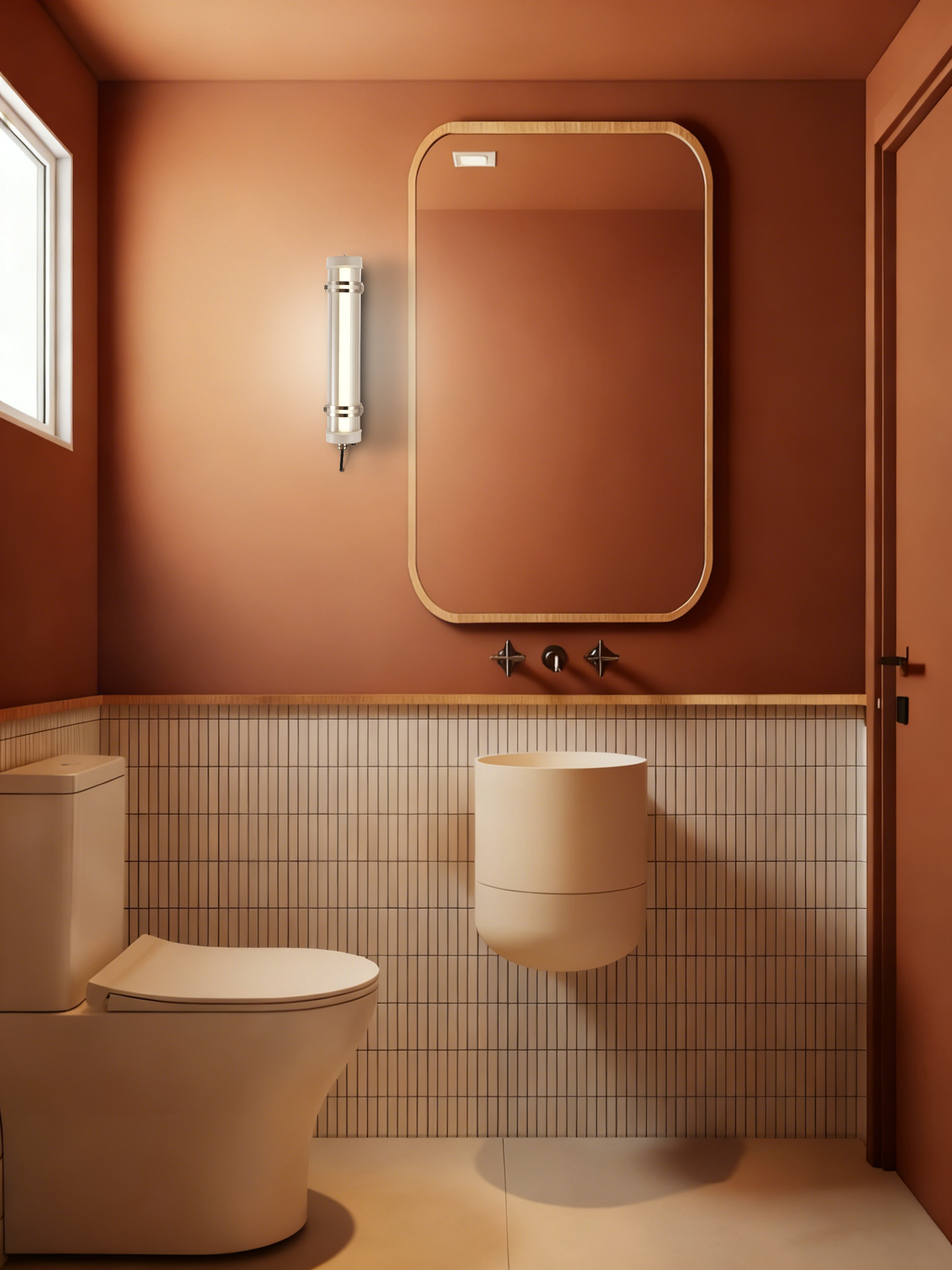 Opaline Spectrum Architectural Tubular Luminaire Opaline Spectrum IP67 IK10 opaline tubular wall light in bathroom vanity area, low-glare diffused illumination