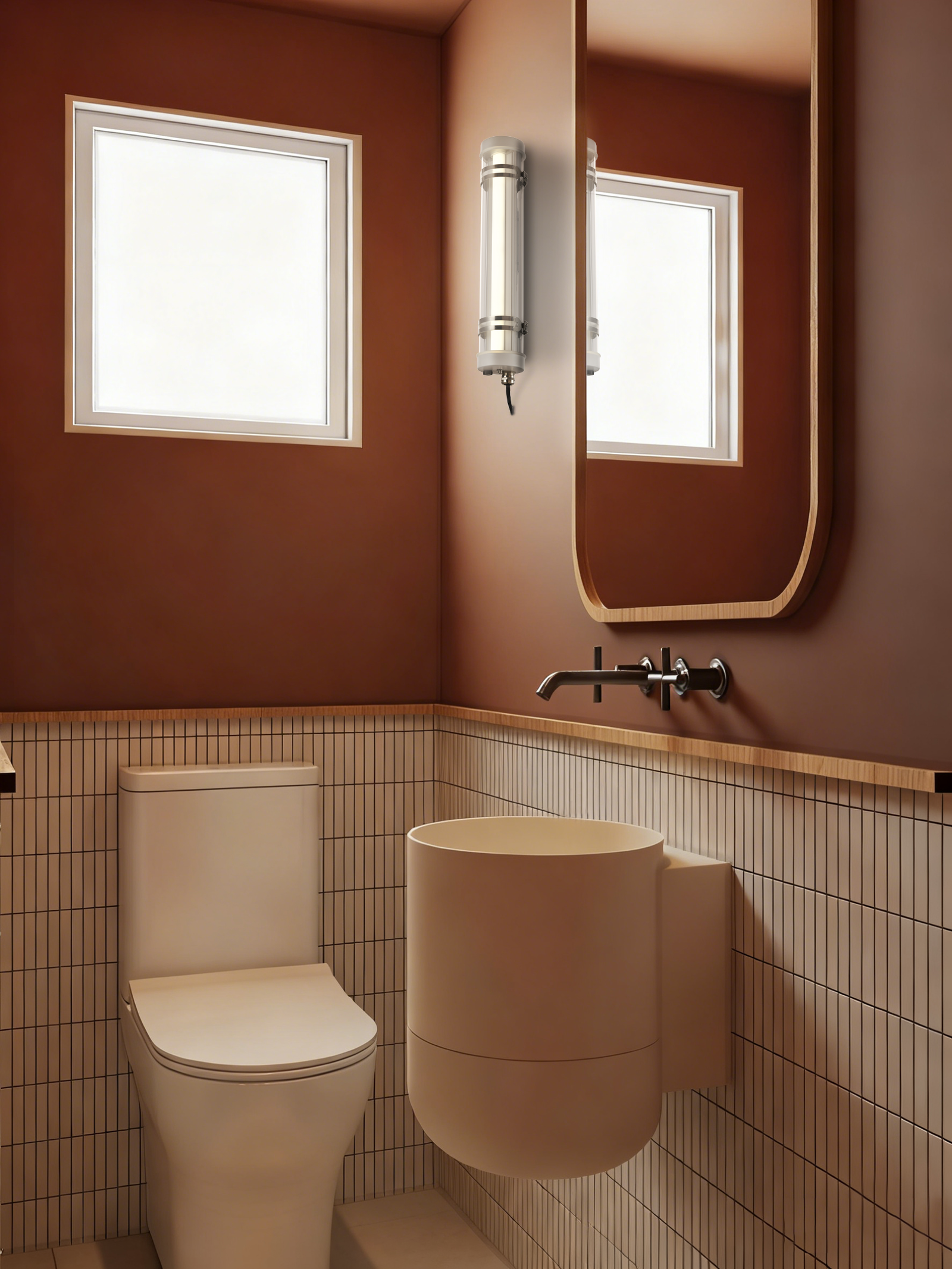 Opaline Spectrum Architectural Tubular Luminaire Opaline Spectrum IP67 IK10 opaline tubular wall light in bathroom vanity area, low-glare diffused illumination