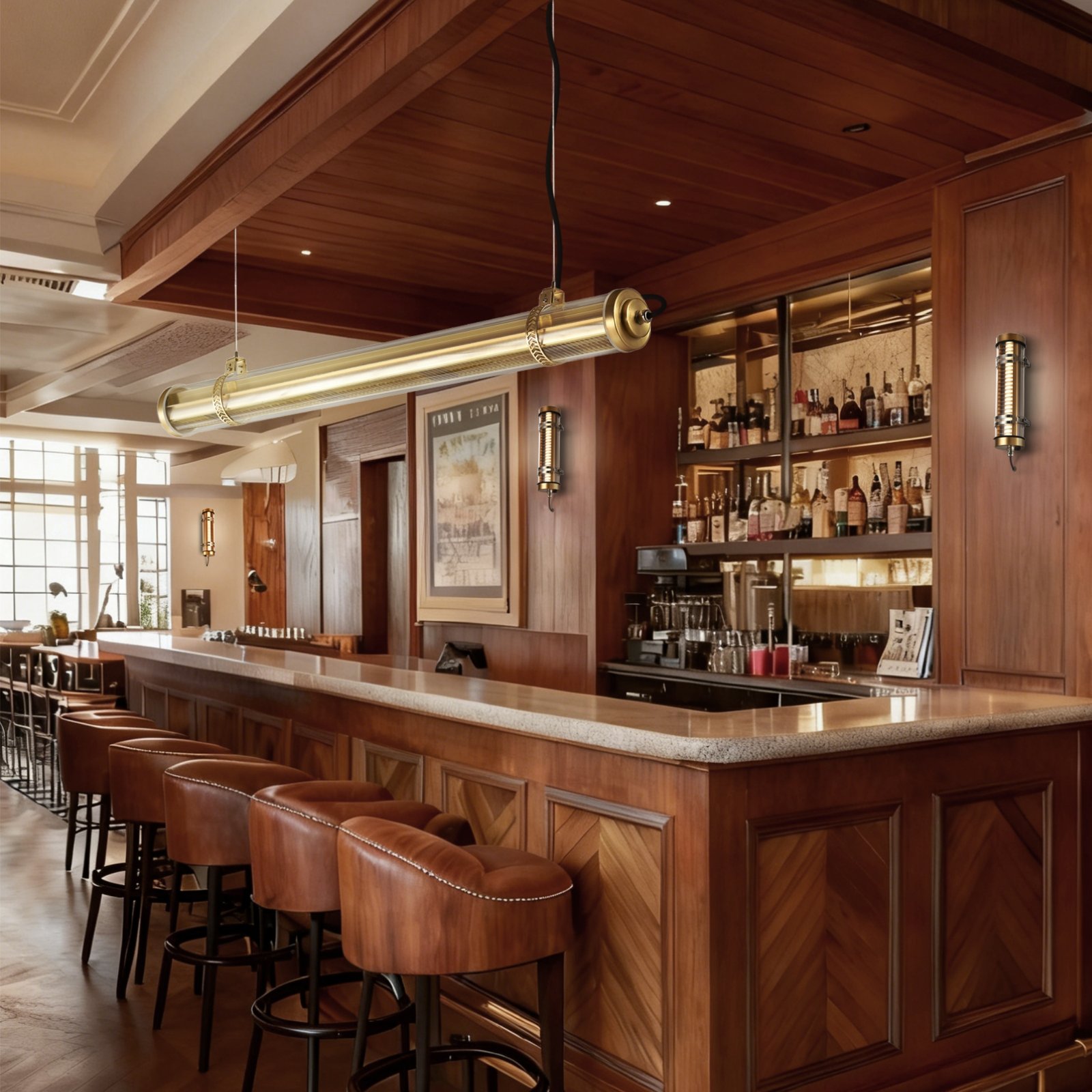 Aurelia Architectural Tubular Luminaire MANI suspended tubular light with integrated grille above bar counter, architectural lighting for hospitality interiors