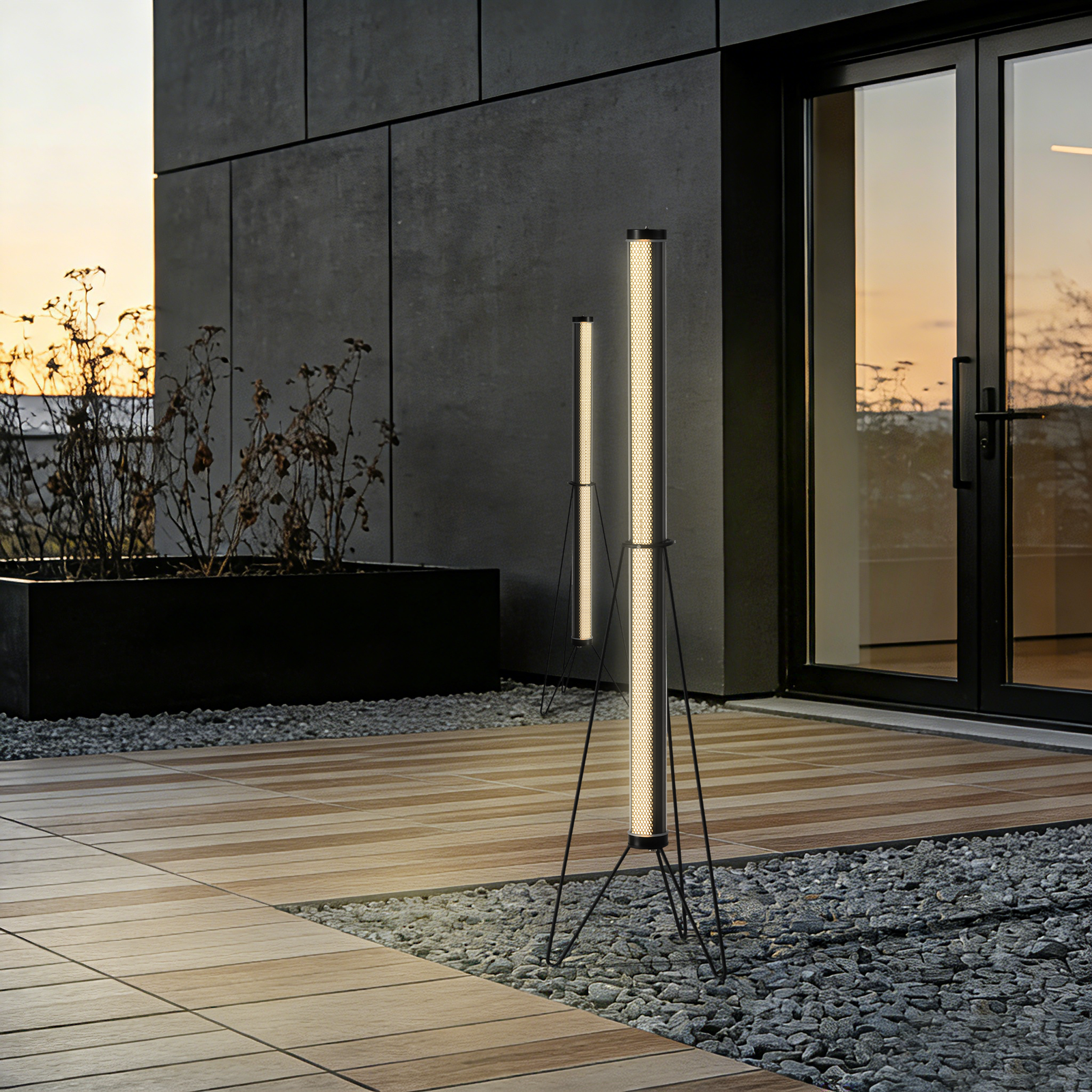 Tripod Beam Architectural Tubular Floor Lamp MANI Tripod Beam designer floor lamp with tubular light and minimalist tripod structure