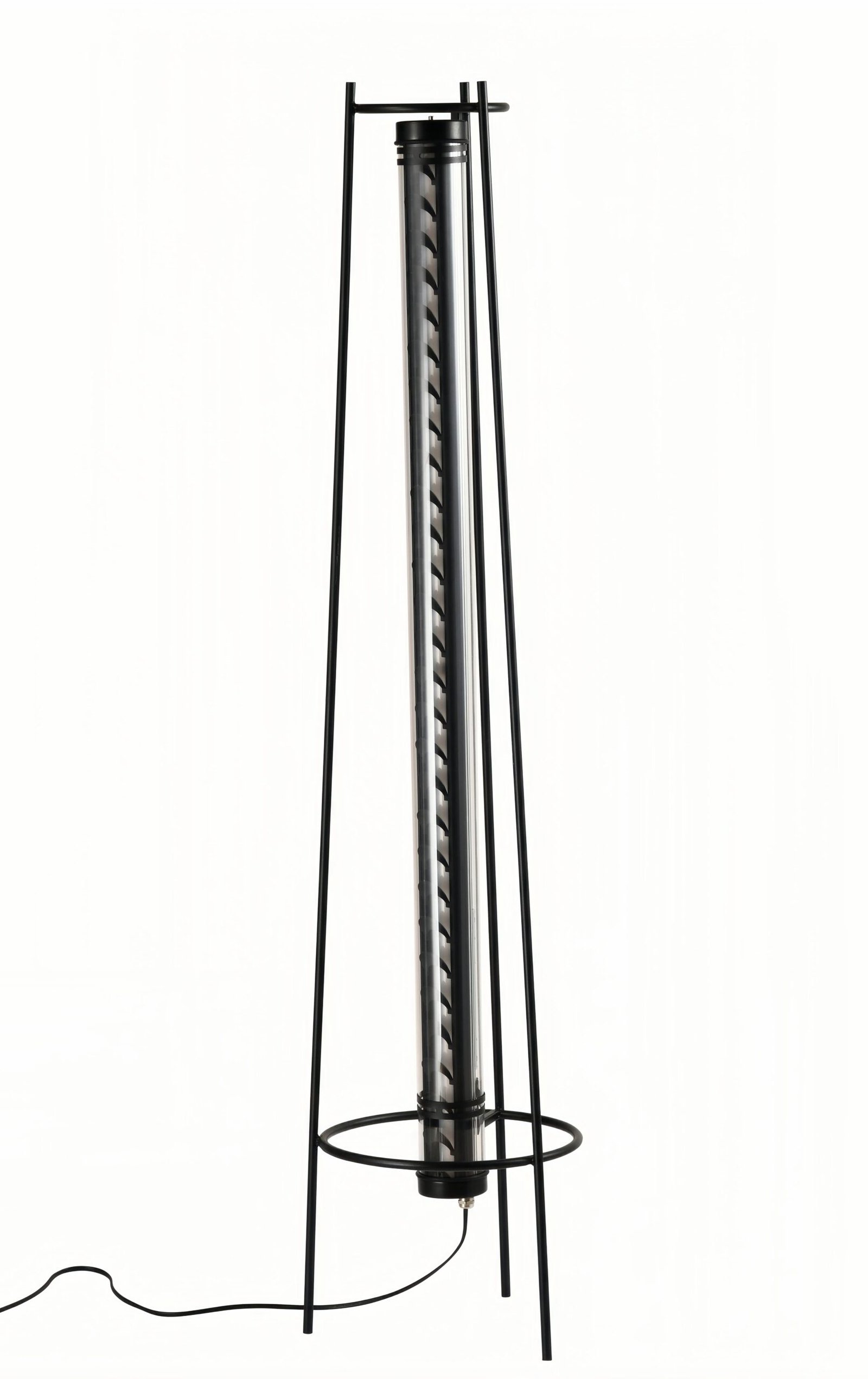 Halo Tripod architectural tubular floor lamp with tripod steel frame and low-glare louvered light tube