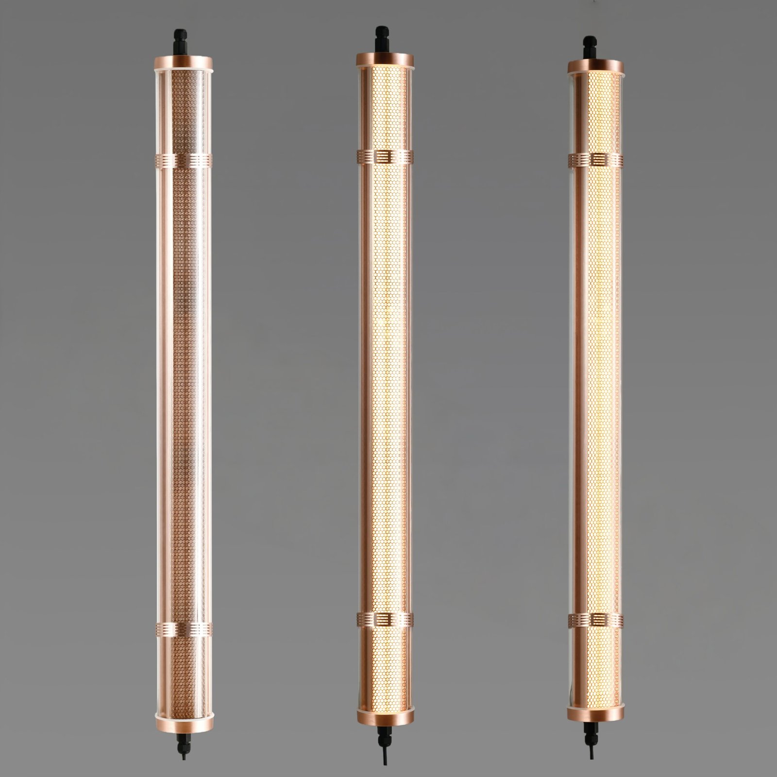 Titan Architectural Tubular Luminaire Titan architectural tubular luminaire with integrated honeycomb optic, wall mounted installation, warm brass-toned metal finish