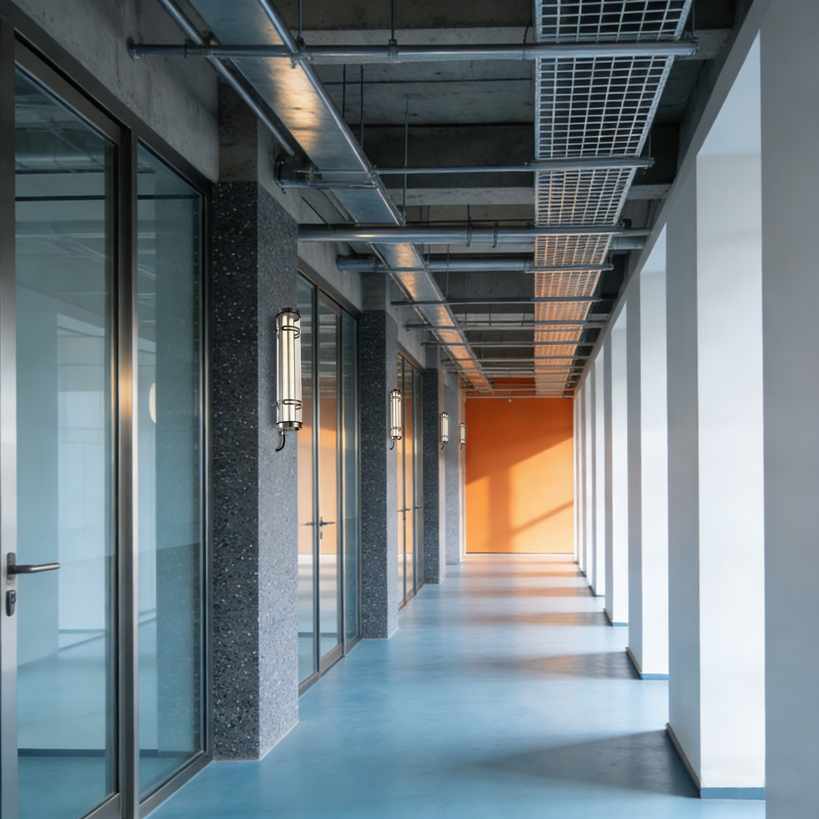 Wall-mounted and suspended installation tubular luminaires installed on a residential building façade, demonstrating clean, project-ready outdoor lighting application