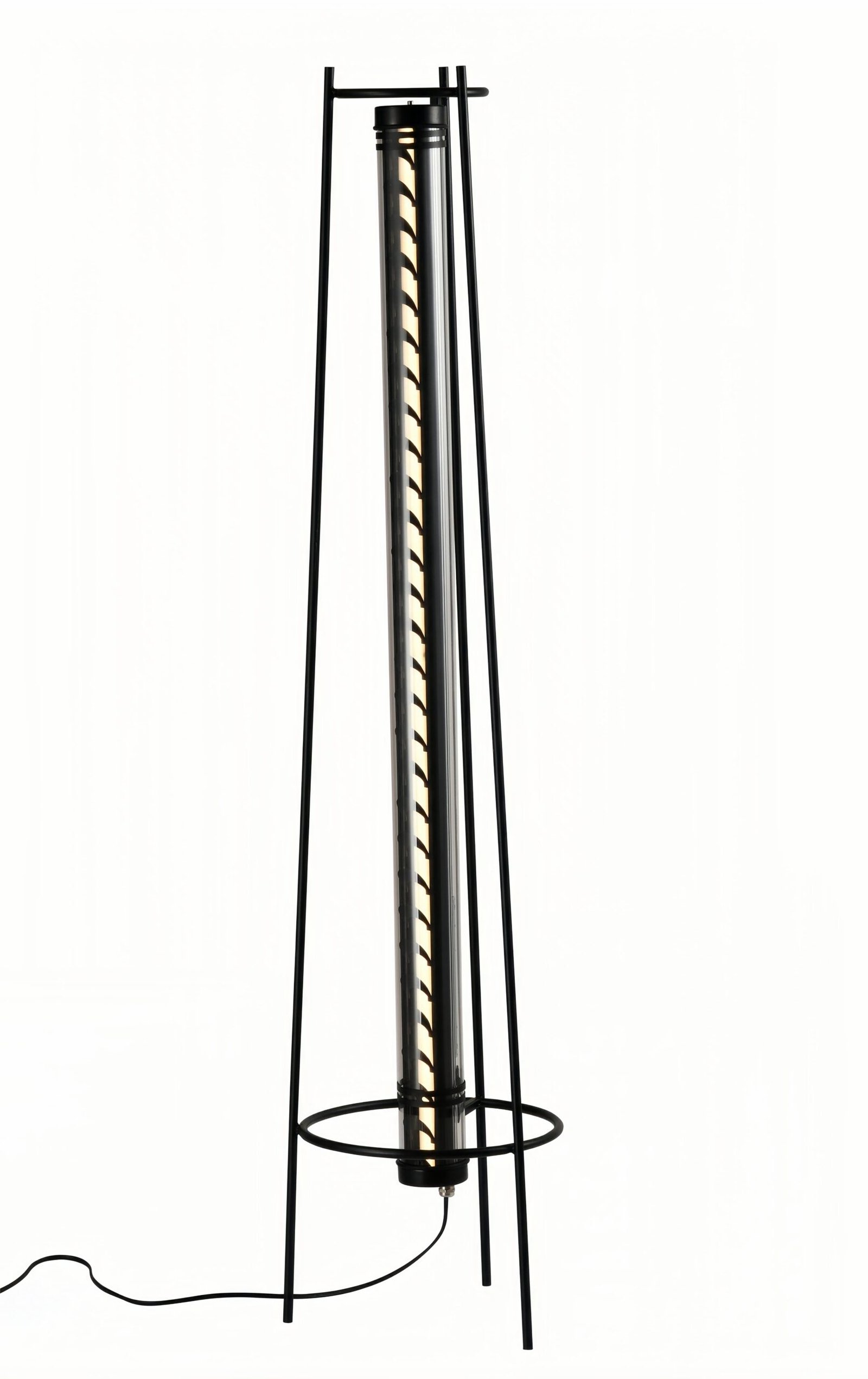 Halo Tripod architectural tubular floor lamp with tripod steel frame and low-glare louvered light tube