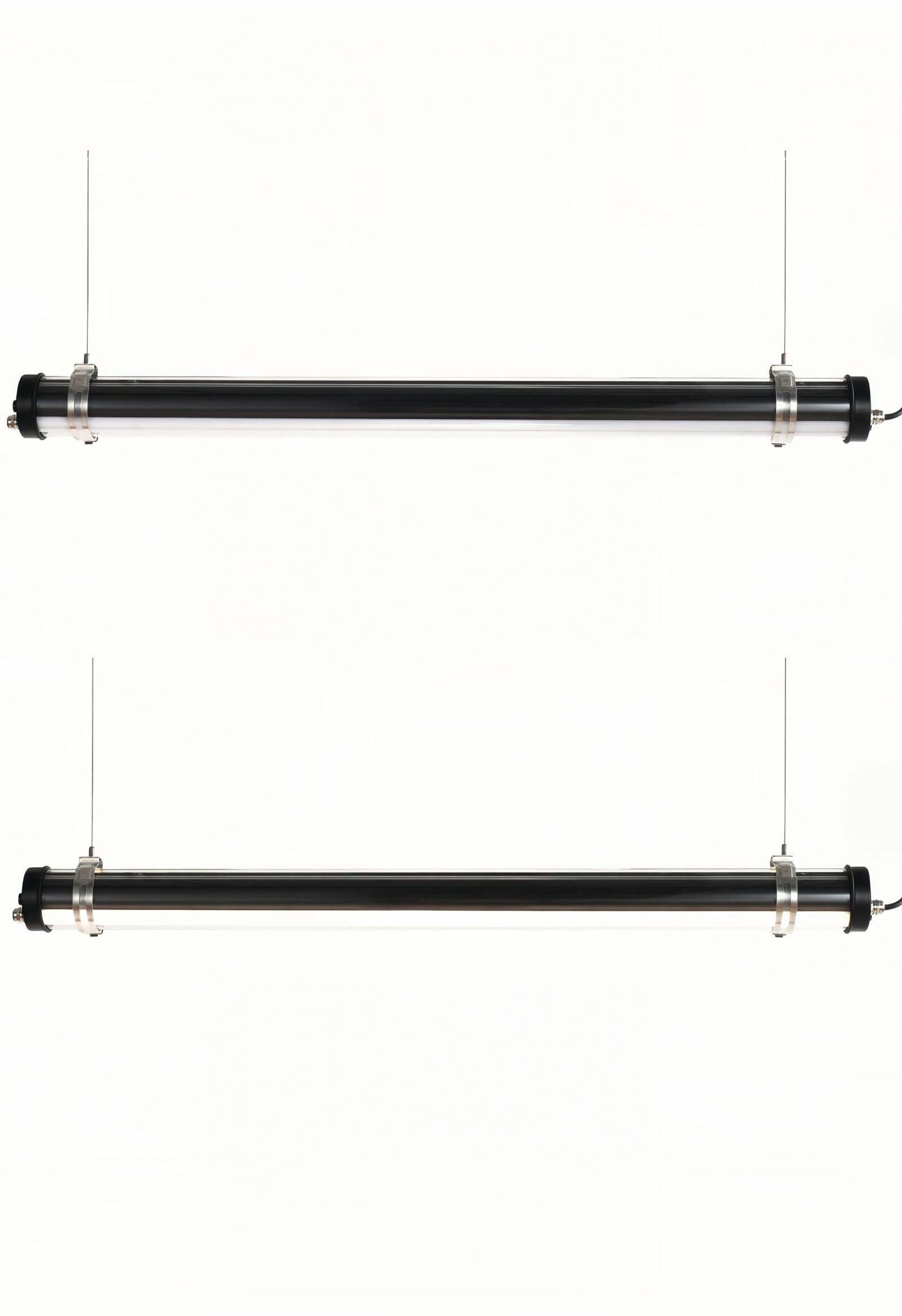 Opaline Spectrum Architectural Tubular Luminaire Industrial-style tubular LED light with transparent polycarbonate tube and stainless steel bands