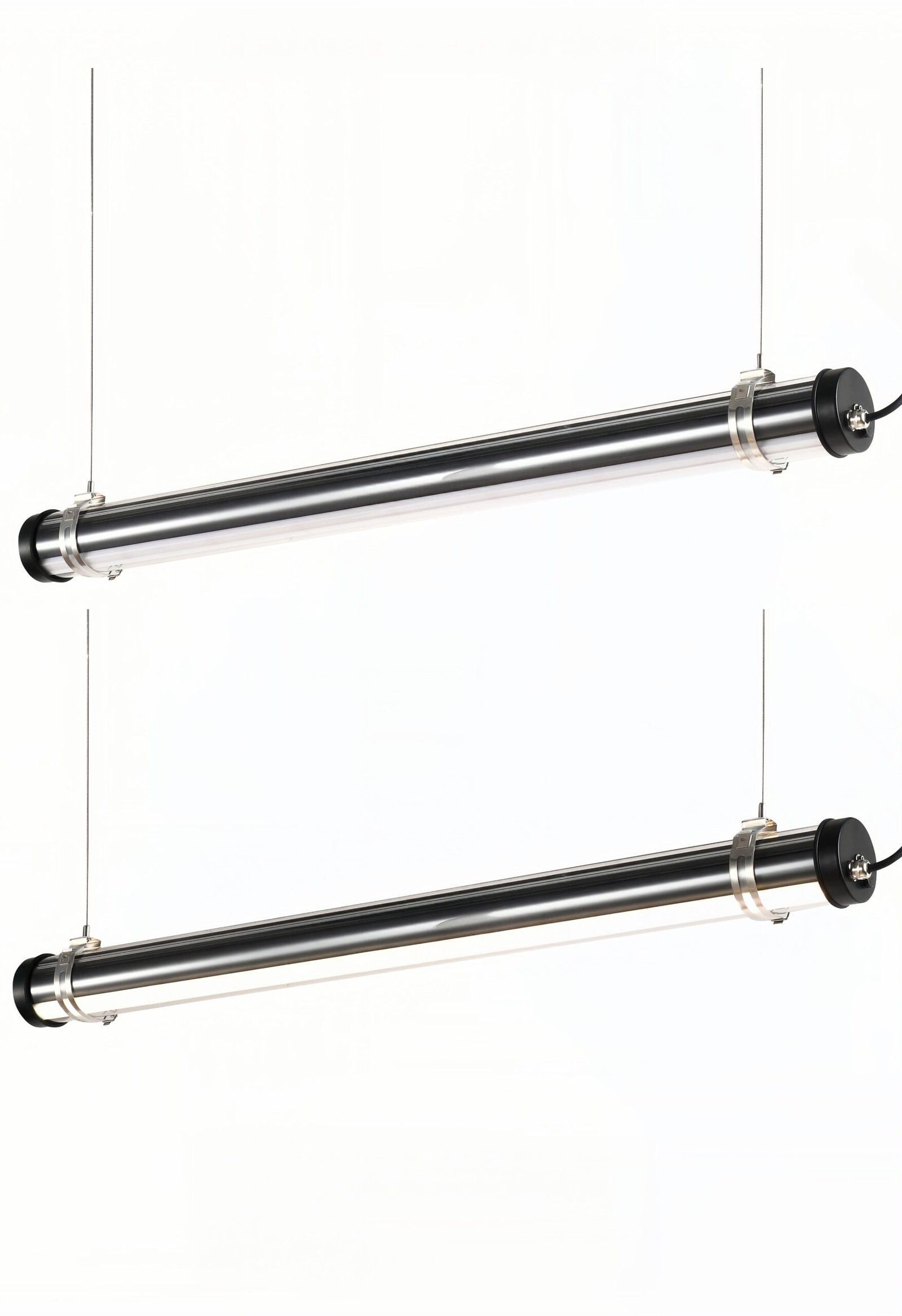 Opaline Spectrum Architectural Tubular Luminaire Industrial-style tubular LED light with transparent polycarbonate tube and stainless steel bands