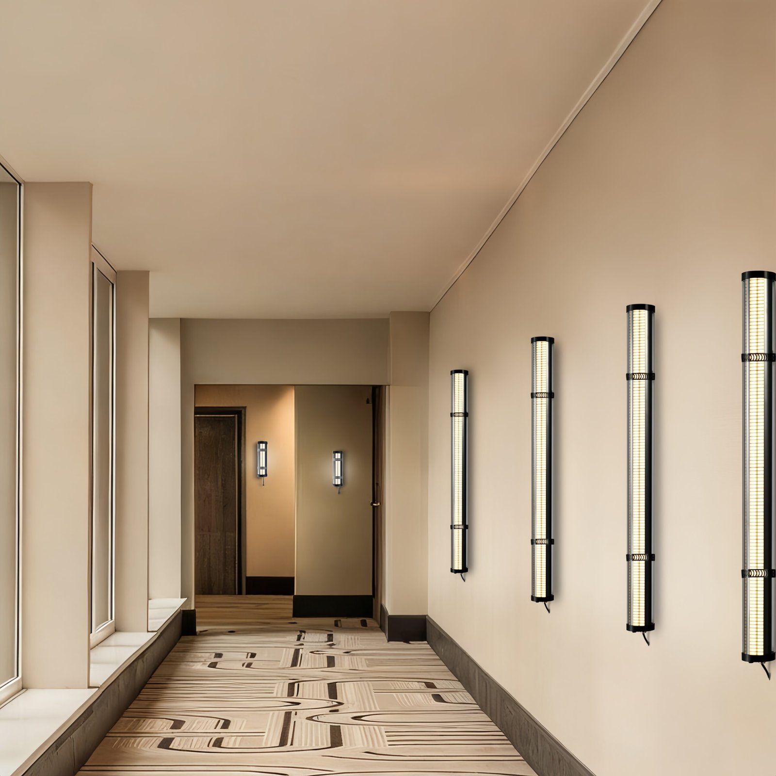 MANI Architectural tubular luminaire with linear directional emission and glare-controlled optic for hotel corridor