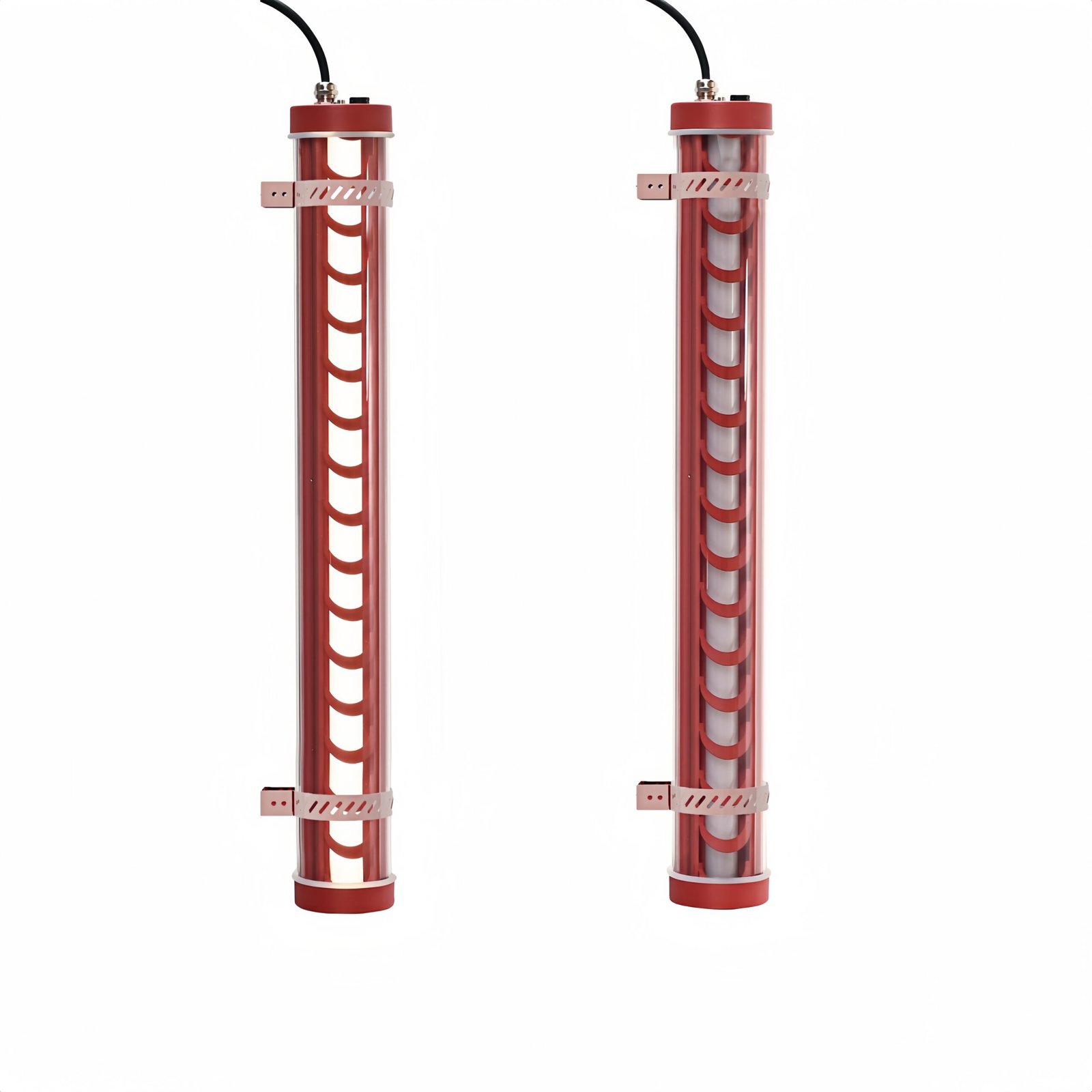 Matisse Architectural Tubular Luminaire Red architectural tubular LED light with metal grille and mounting brackets, shown in two versions