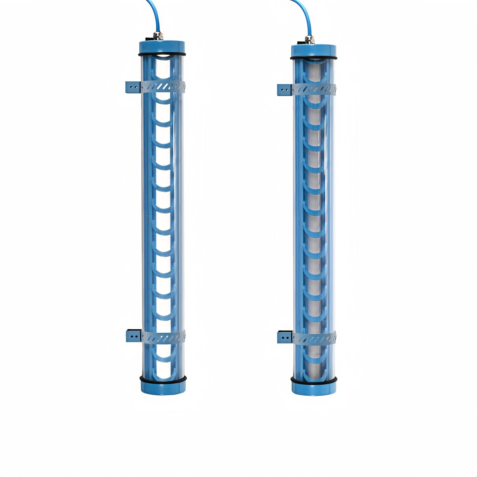 Matisse Architectural Tubular Luminaire Blue architectural tubular LED light with metal grille and mounting brackets