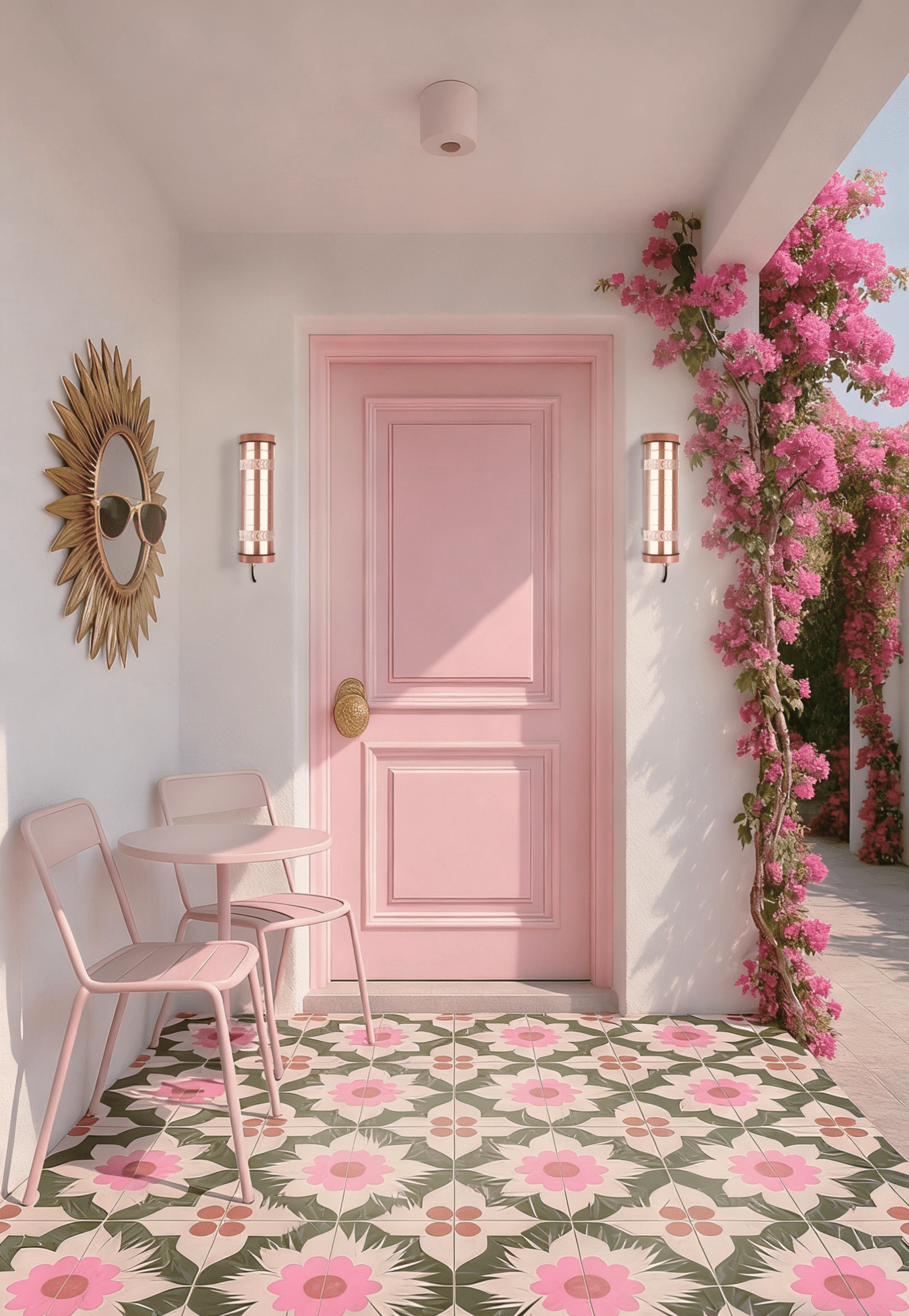 Rosa Architectural Tubular Luminaire Rosa wall-mounted architectural tubular lights installed at a residential entry porch — compact façade lighting for semi-outdoor use (MANI Lighting)