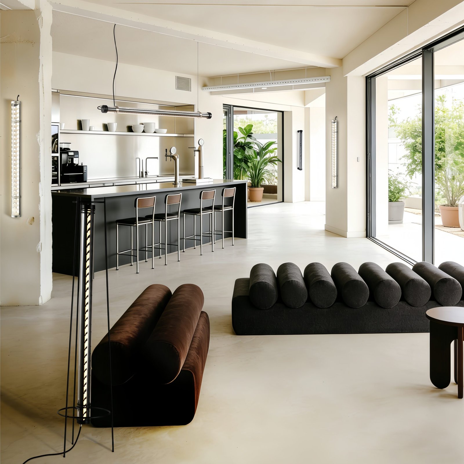 MANI designer floor lamp with tubular light and minimalist tripod structure