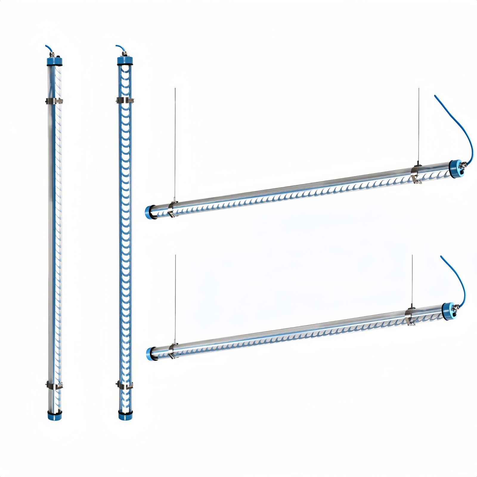 Matisse Architectural Tubular Luminaire Blue architectural tubular LED light with twisted internal louver, shown in vertical and suspended installation views on a white background
