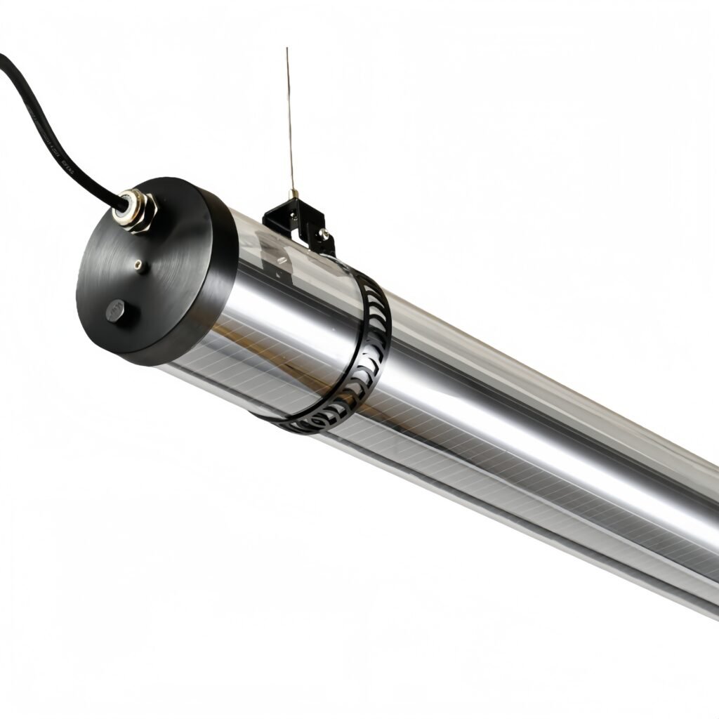 AXIS architectural tubular luminaire with transparent diffuser and linear light emission